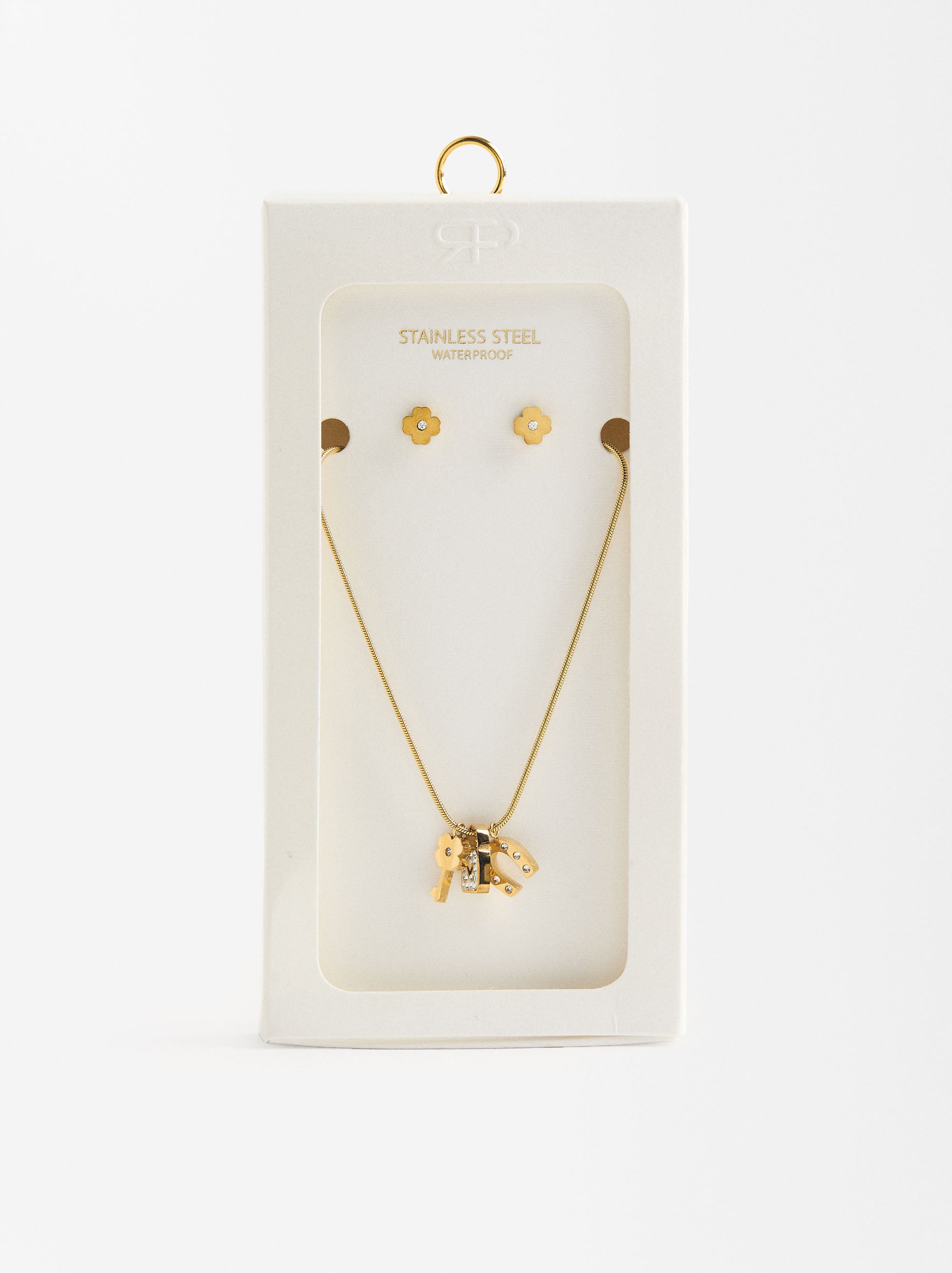 Set  Collar Y Pendientes Con Charms De Cristales - Acero Inoxidable