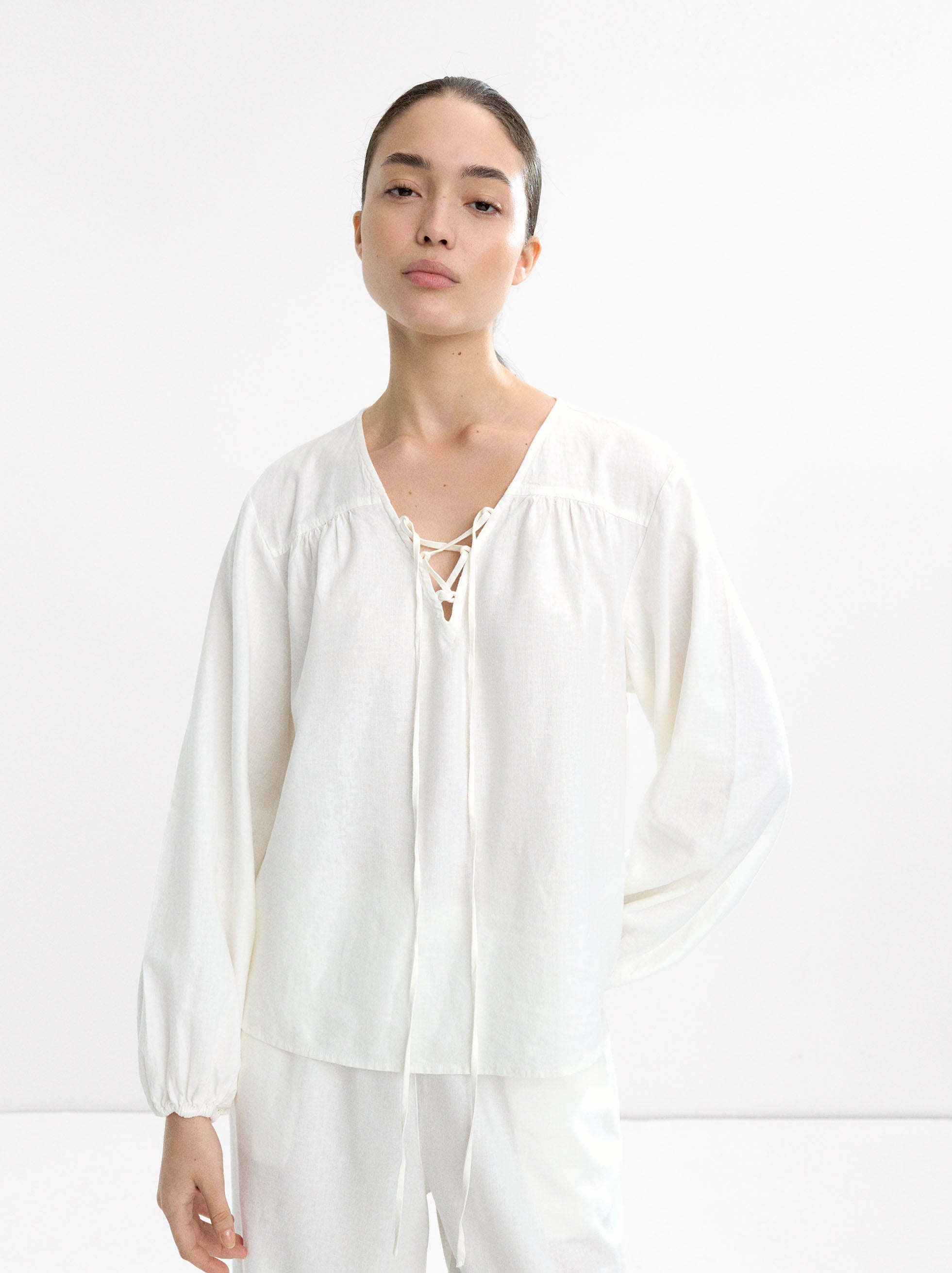 Blusa Manga Larga Con Lino
