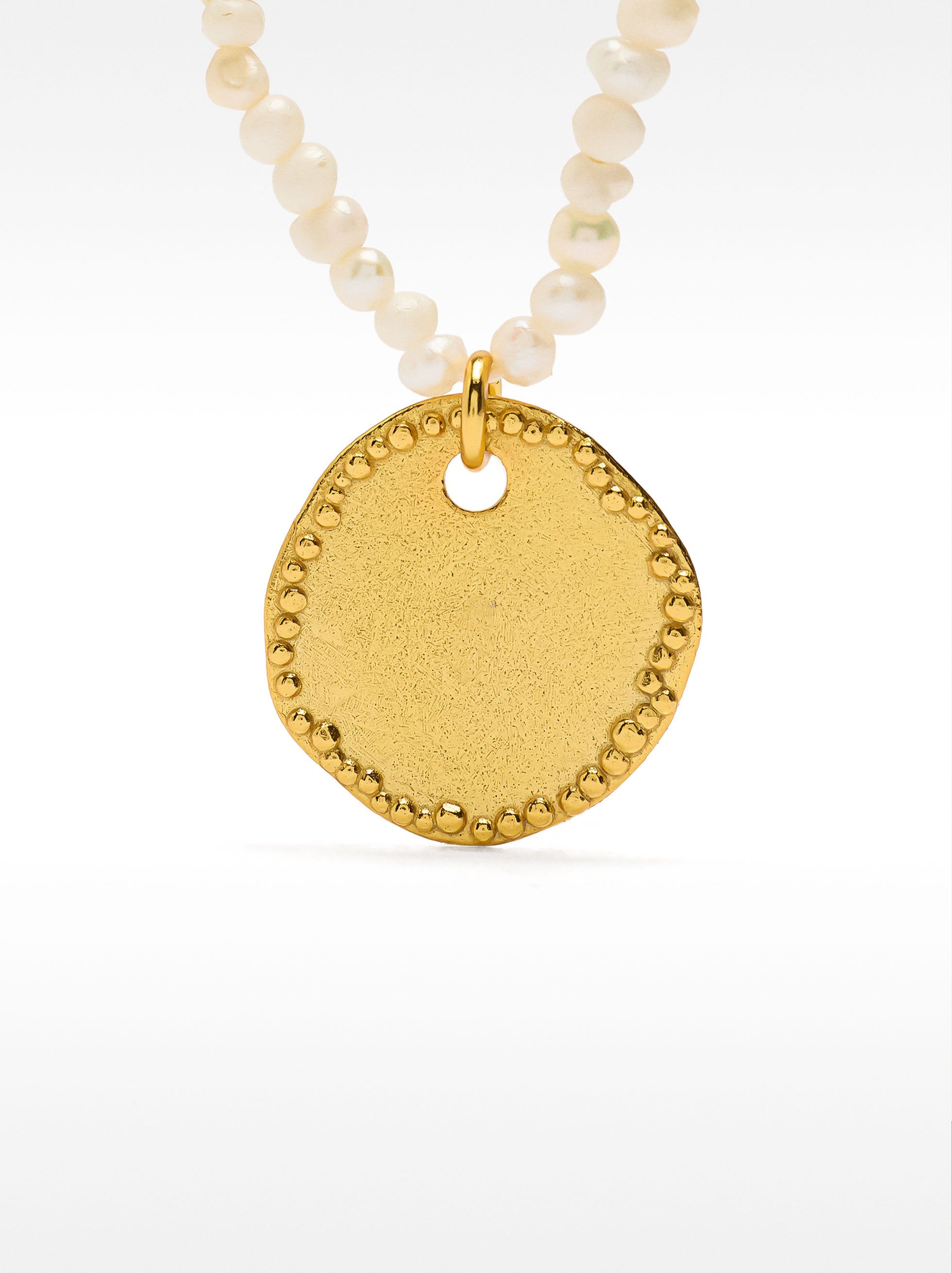 Collar De Perla De Agua Dulce Con Medalla - Plata De Ley 925