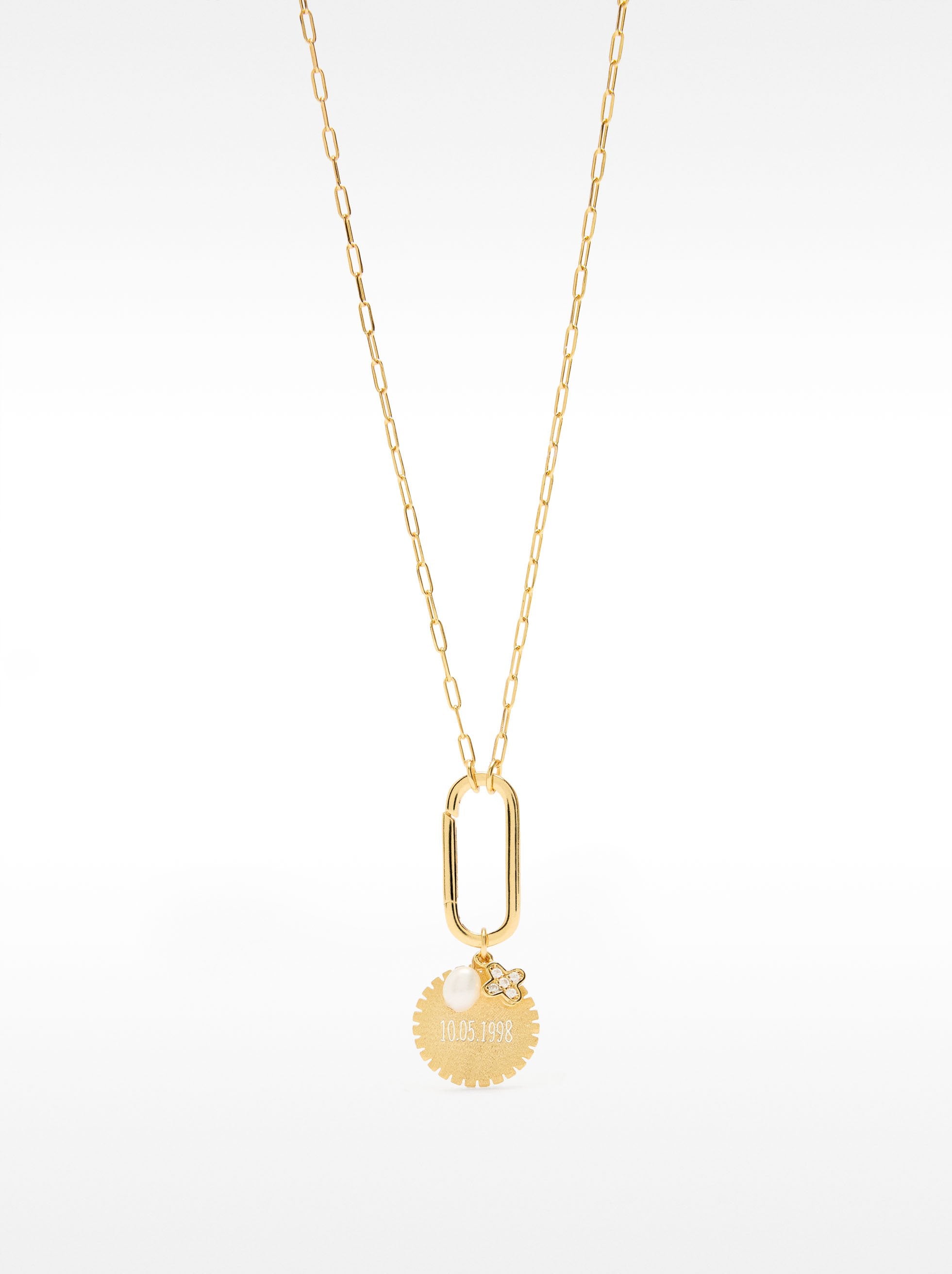Collar De Eslabones Con Medalla Y Perla De Agua Dulce - Plata De Ley 925