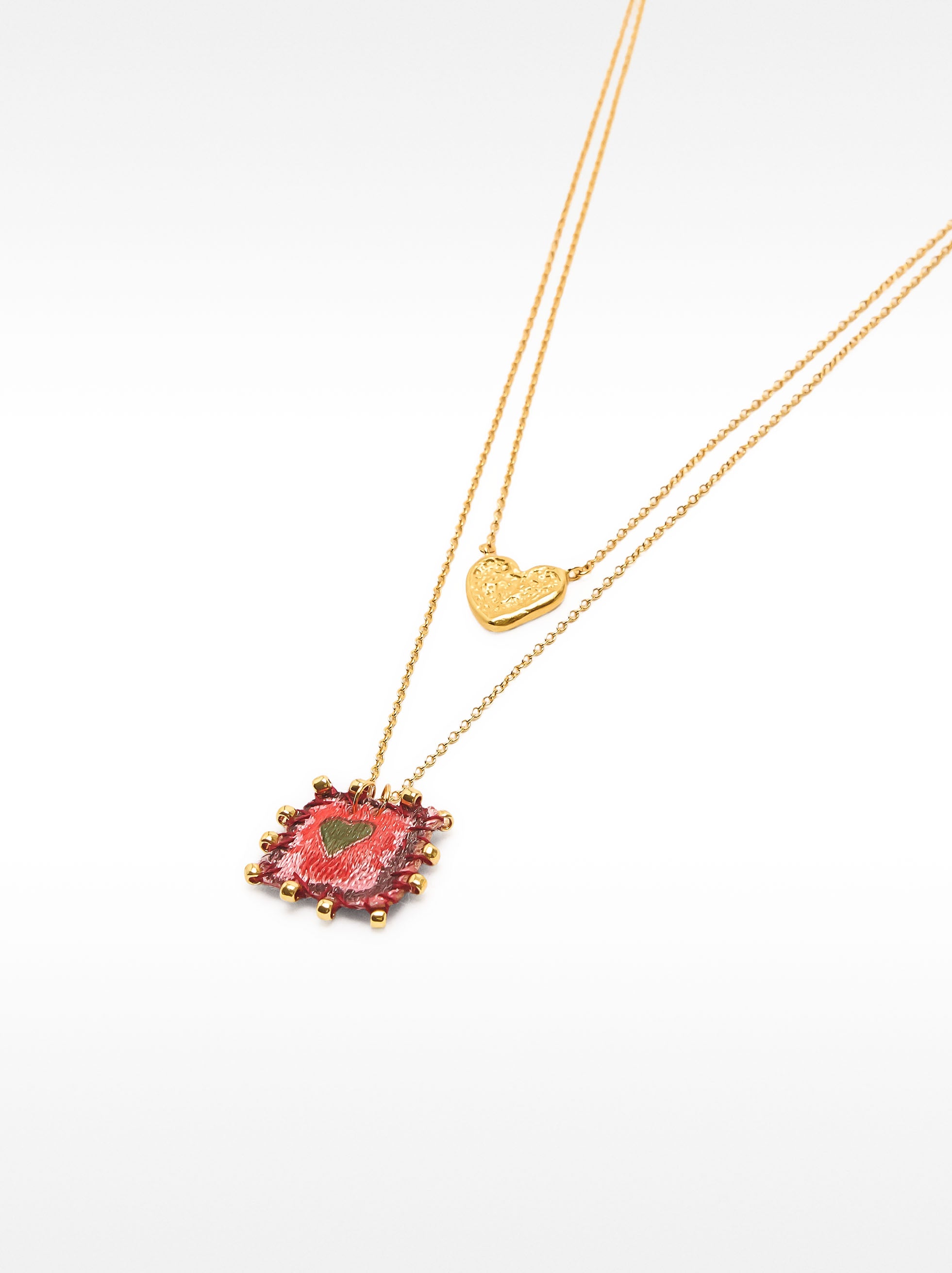 Collar Doble Con Colgantes De Corazón - Plata De Ley 925