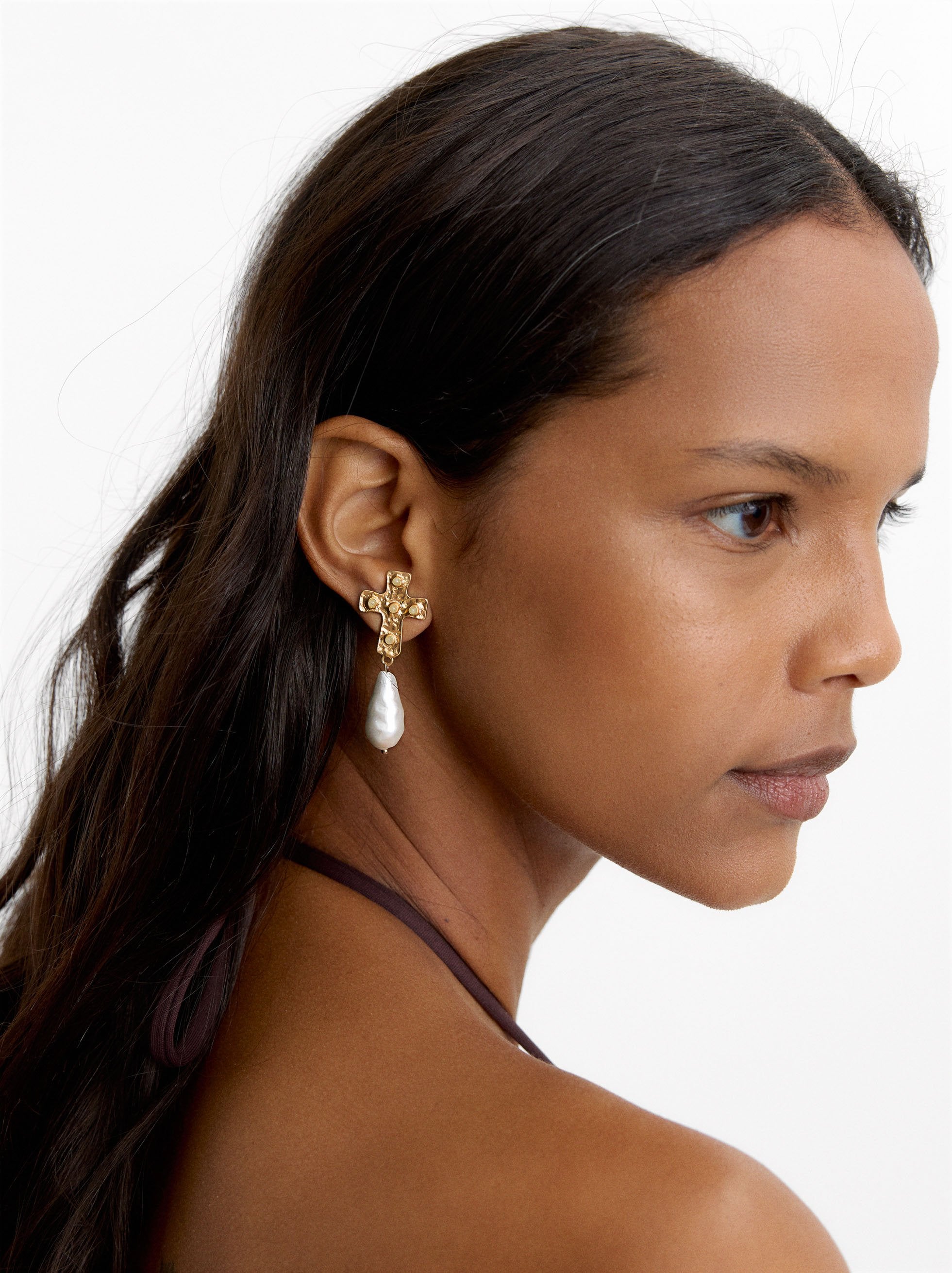 Pendientes Cruz Con Piedras Y Perlas