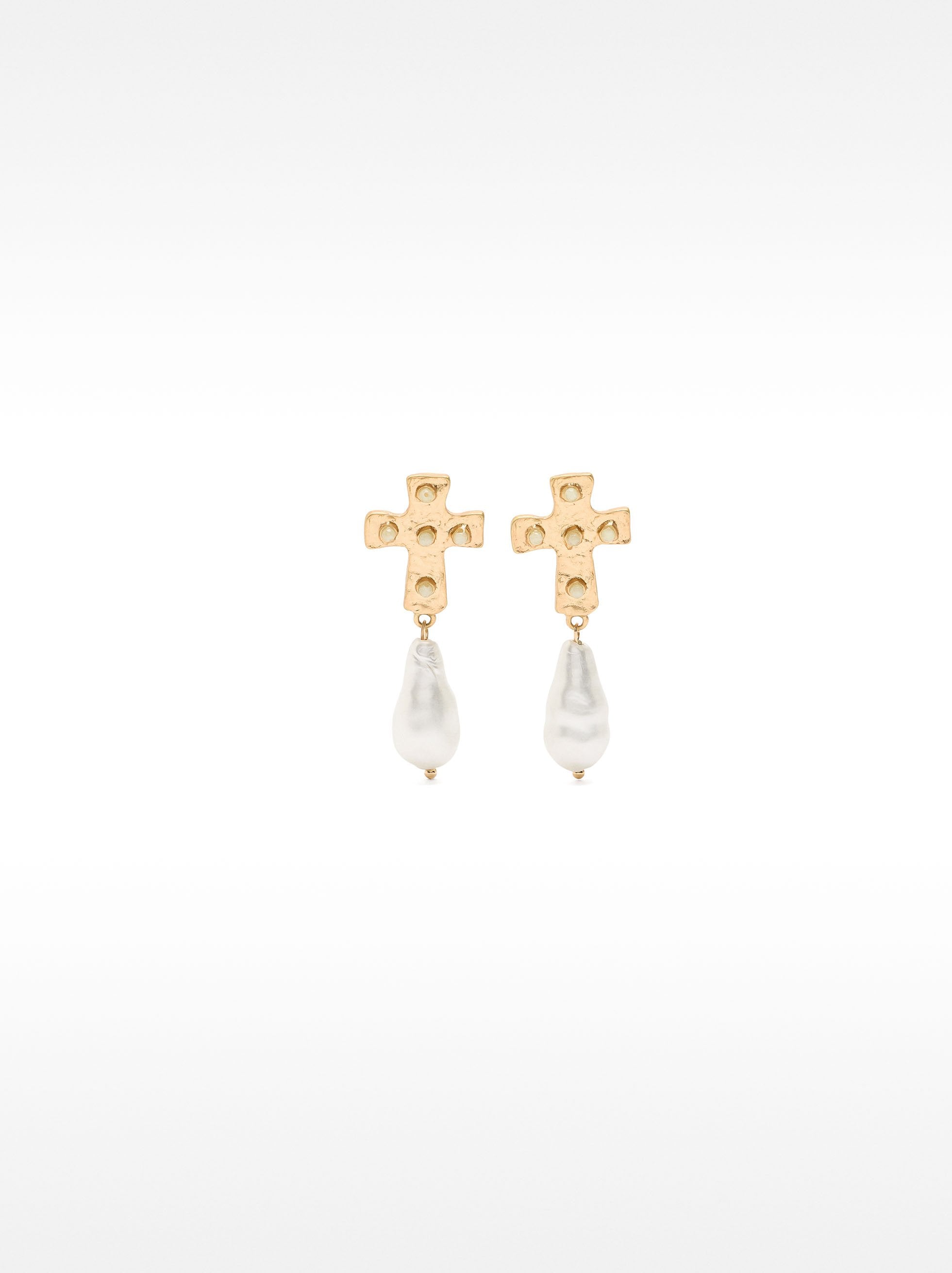 Pendientes Cruz Con Piedras Y Perlas
