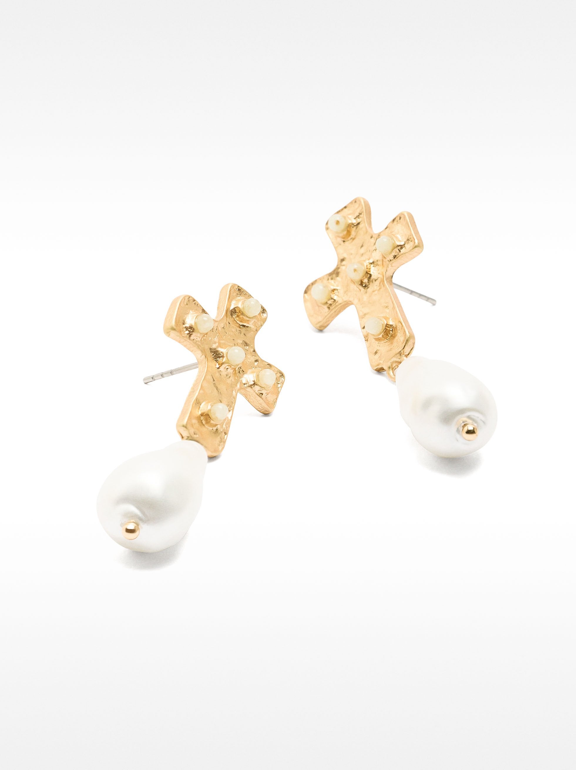 Pendientes Cruz Con Piedras Y Perlas