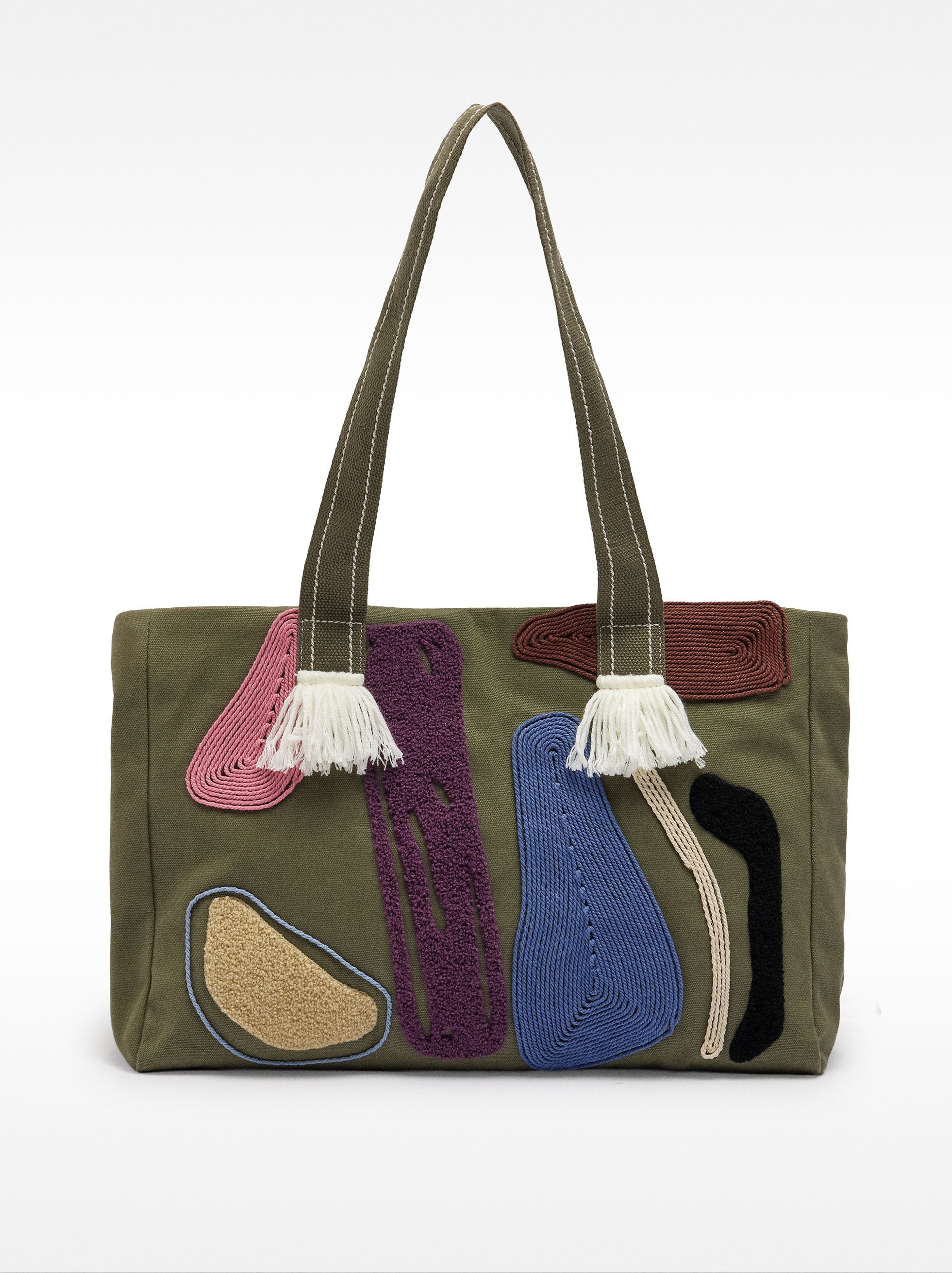 Bolso Shopper De Tejido Aplicaciones Multicolor
