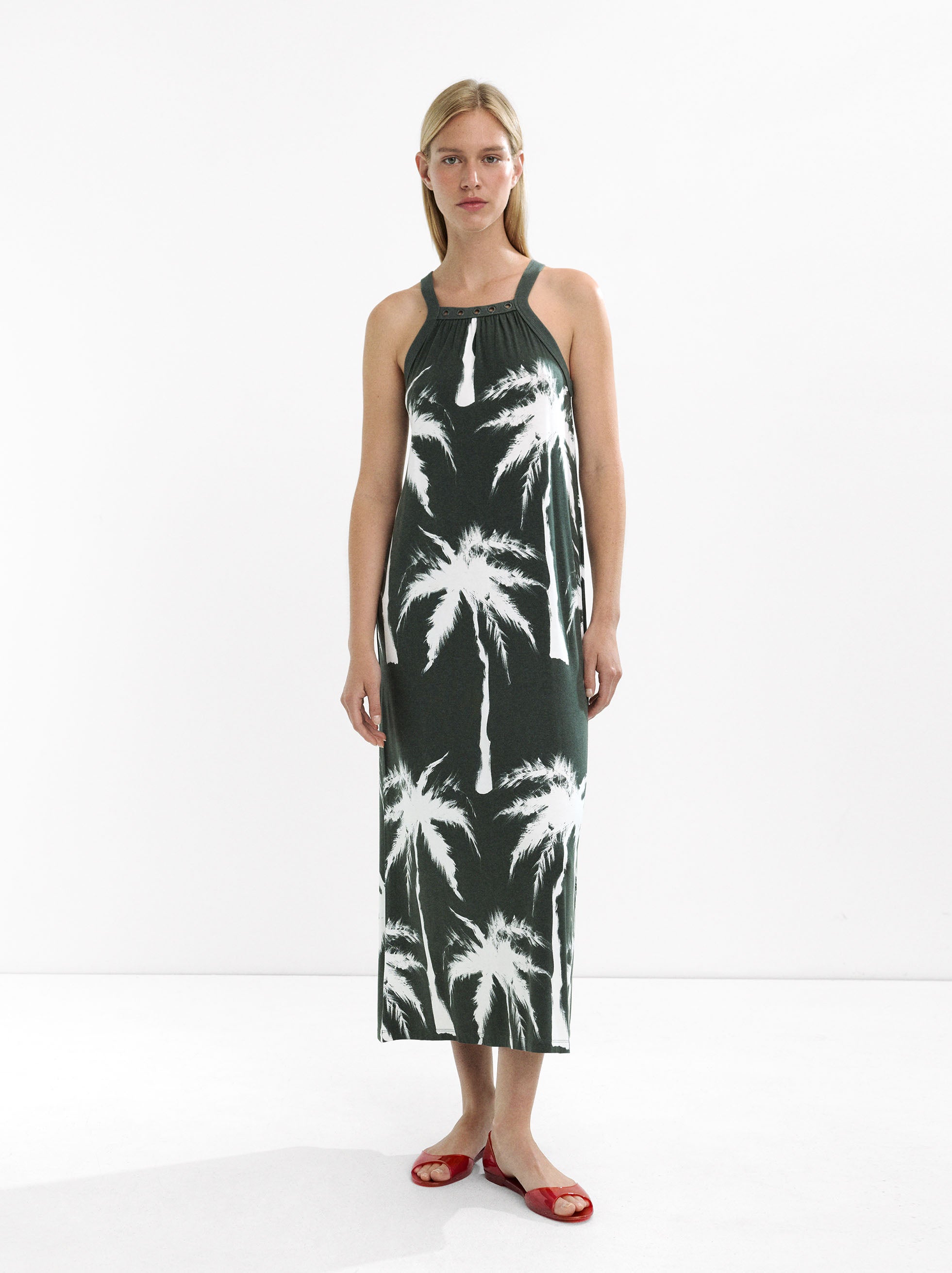 Vestido Largo Con Estampado De Palmeras
