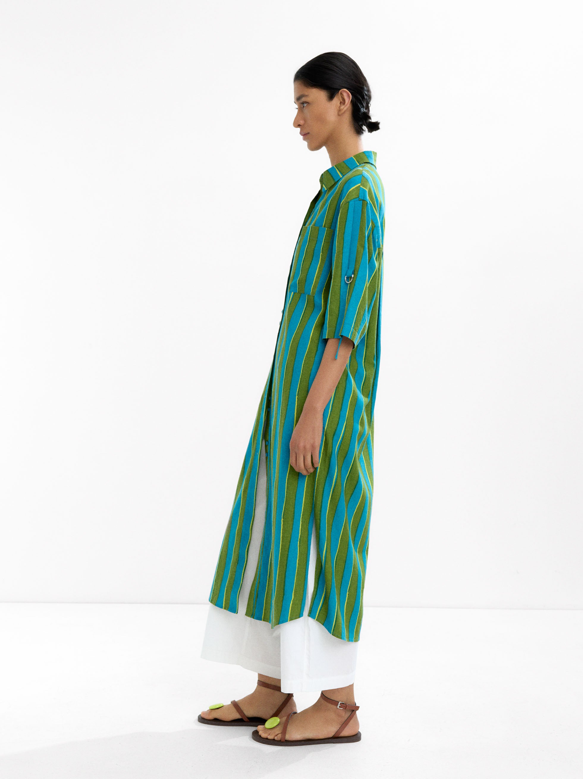 Vestido Camisero A Rayas Mezcla De Lino