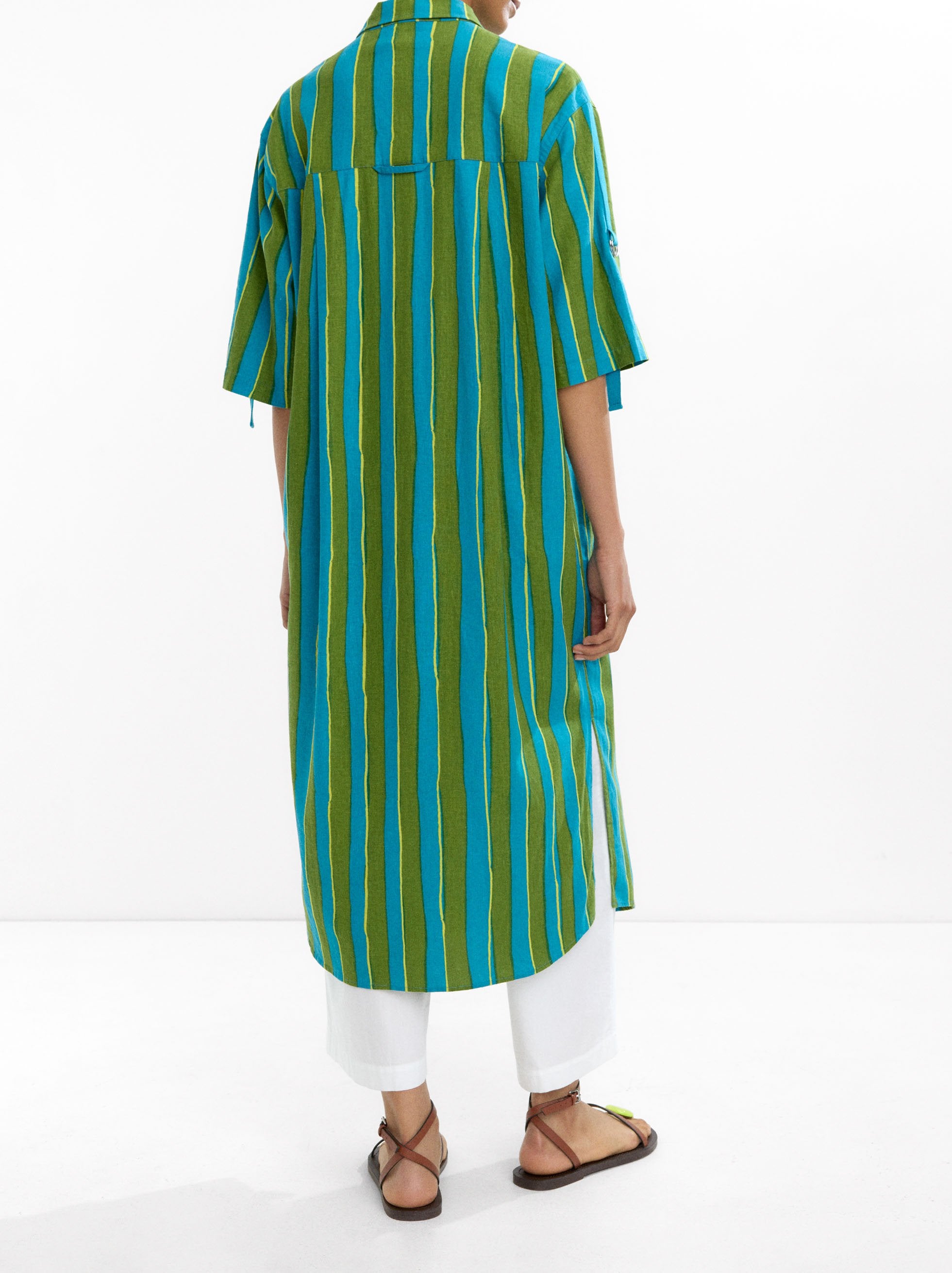 Vestido Camisero A Rayas Mezcla De Lino