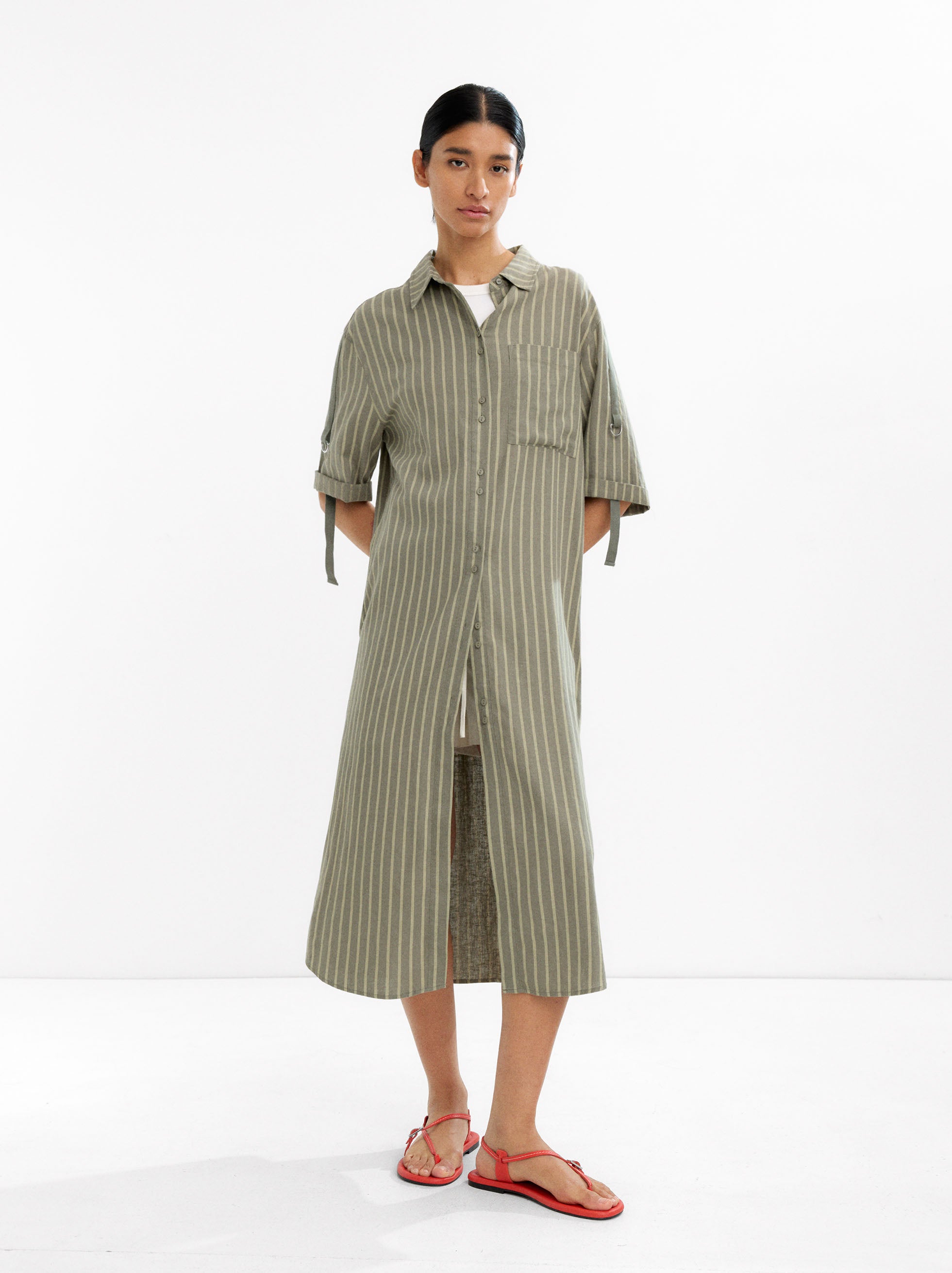Vestido Camisero A Rayas Mezcla De Lino