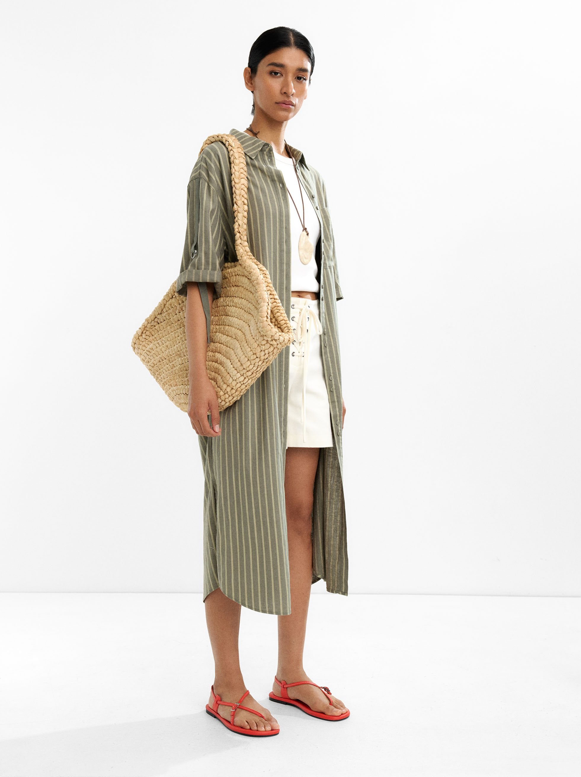 Vestido Camisero A Rayas Mezcla De Lino