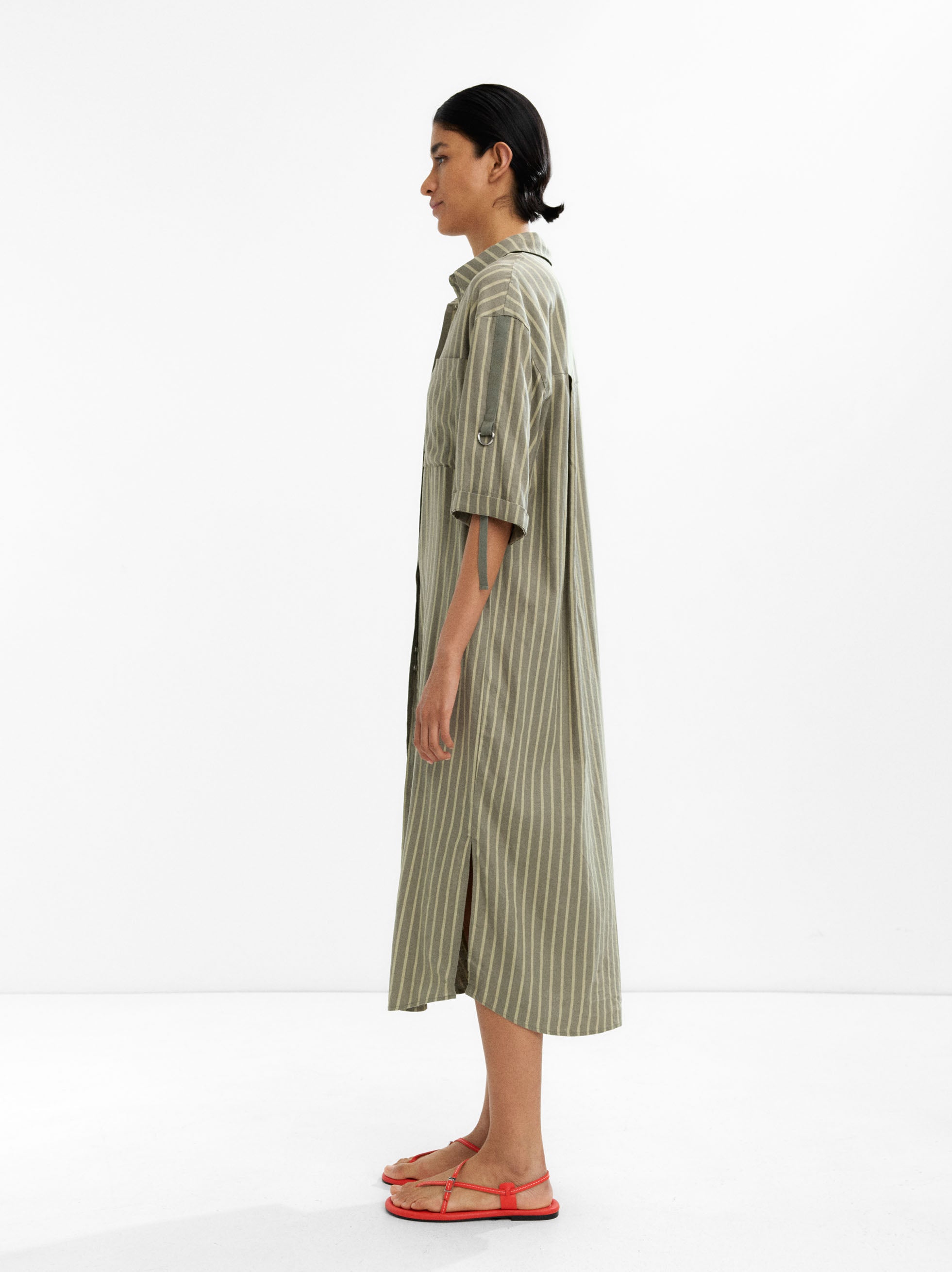 Vestido Camisero A Rayas Mezcla De Lino