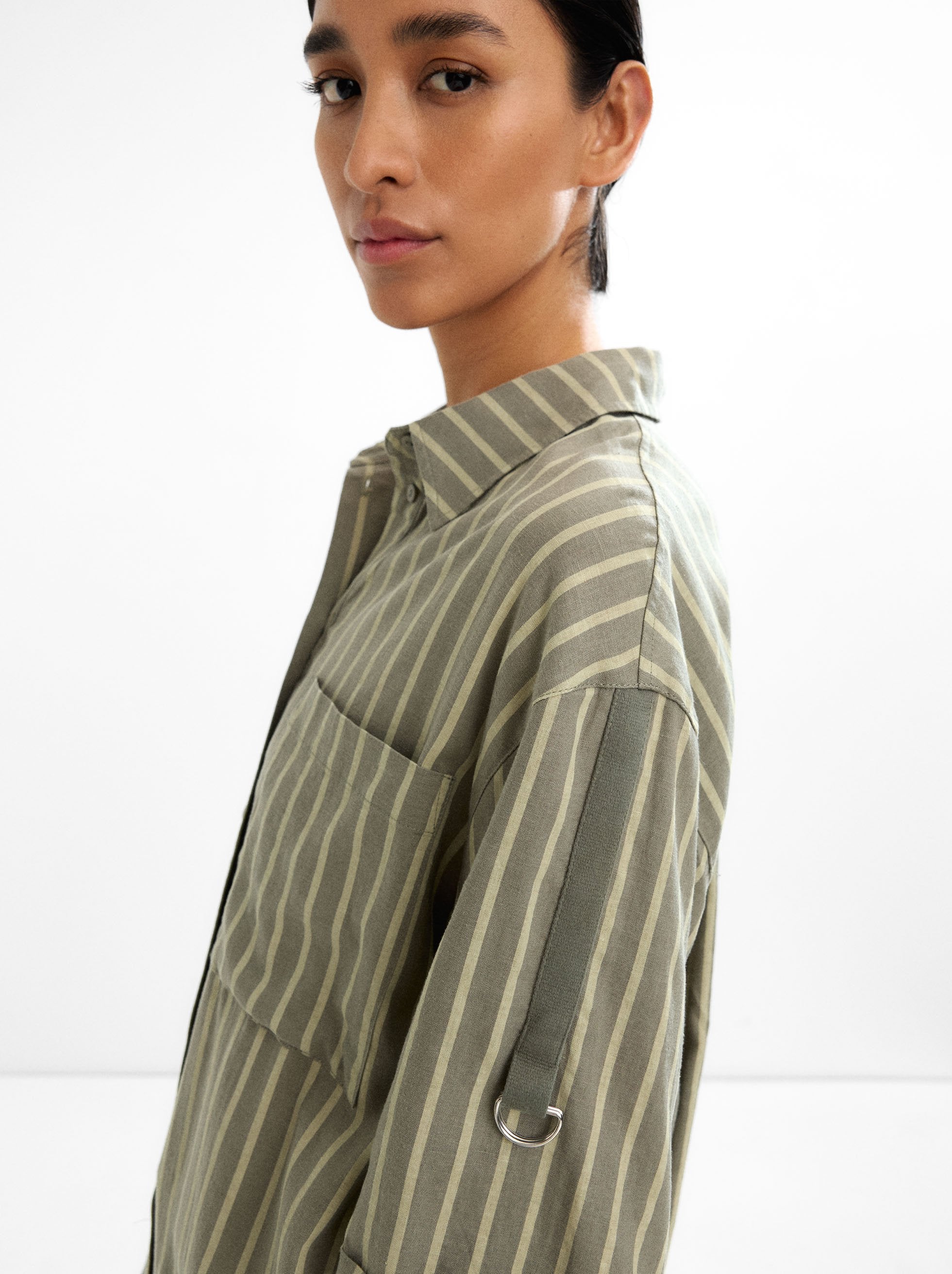 Vestido Camisero A Rayas Mezcla De Lino