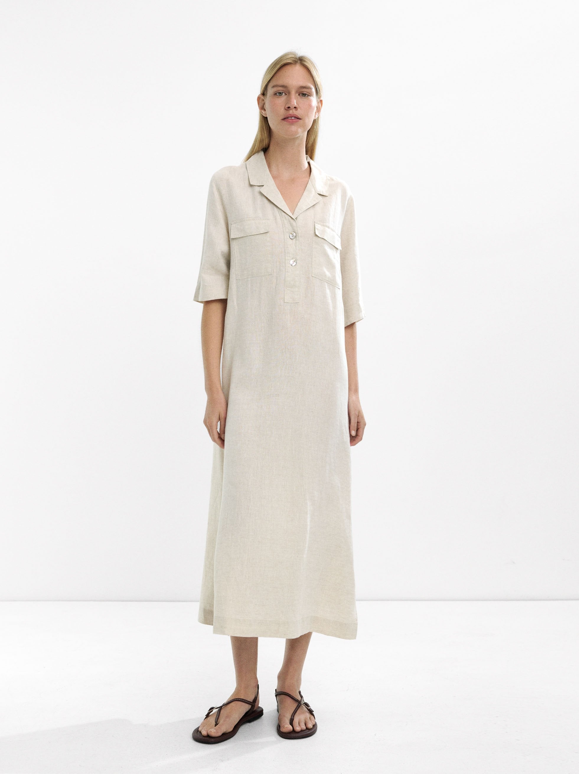 Vestido Camisero Largo 100% Lino