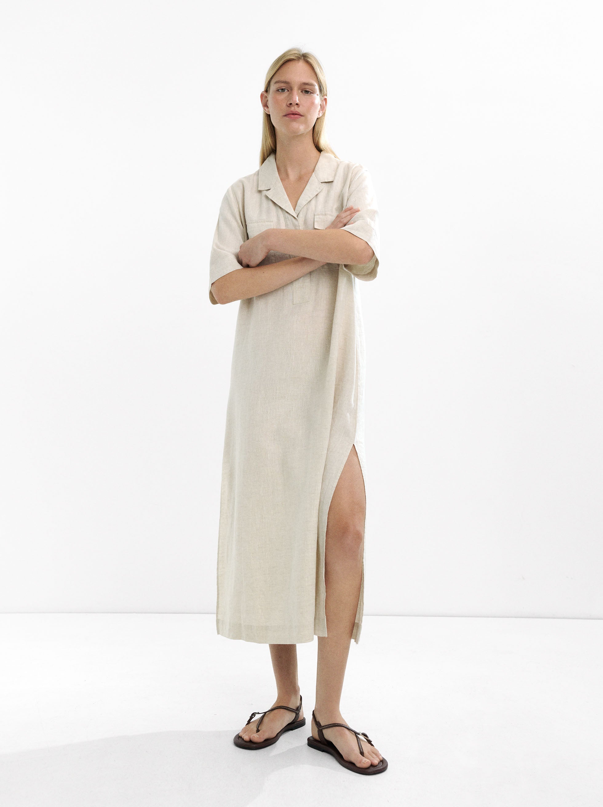 Vestido Camisero Largo 100% Lino