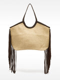 Bolso Shopper De Rafia Con Flecos De Piel