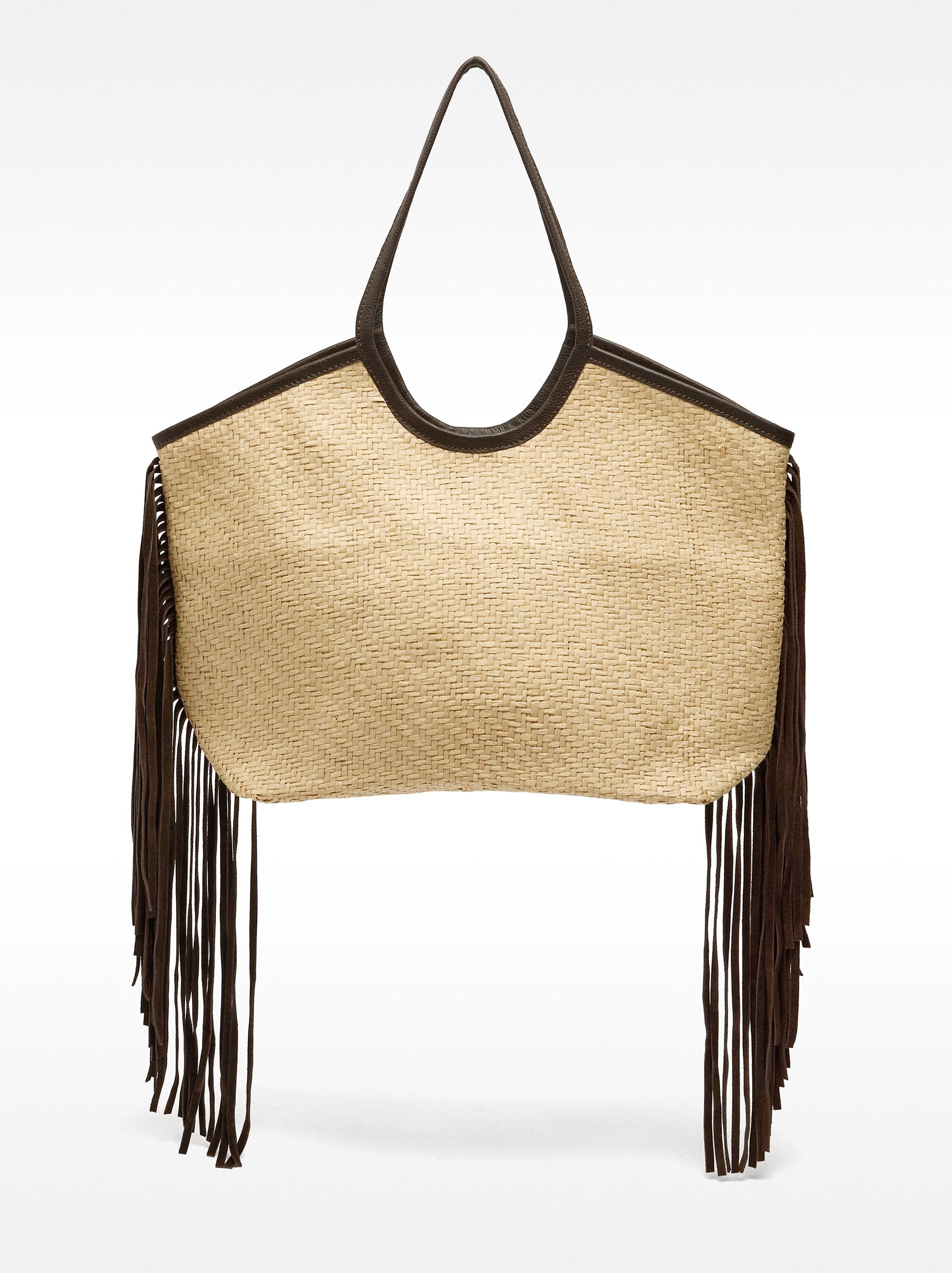 Bolso Shopper De Rafia Con Flecos De Piel
