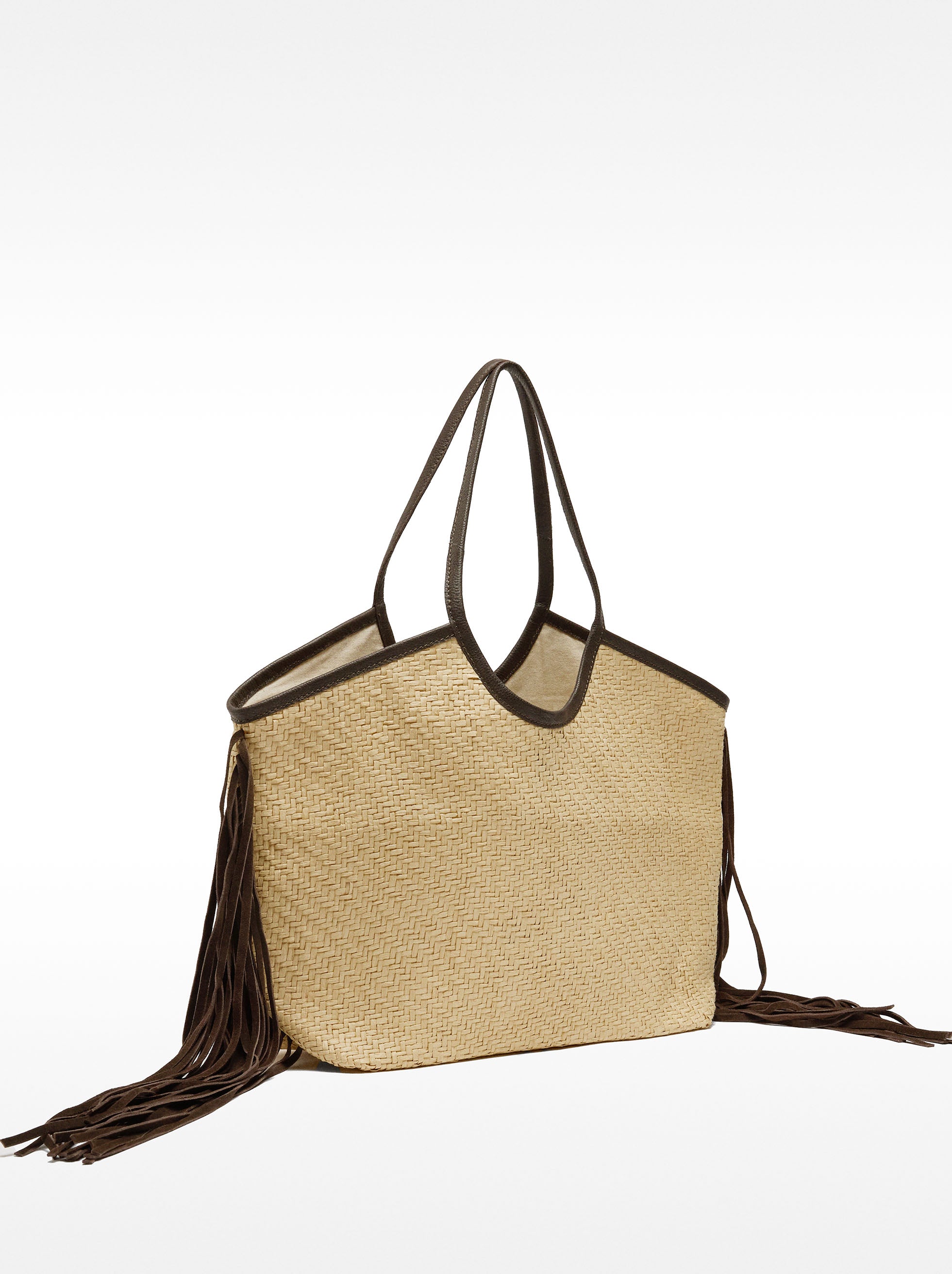 Bolso Shopper De Rafia Con Flecos De Piel