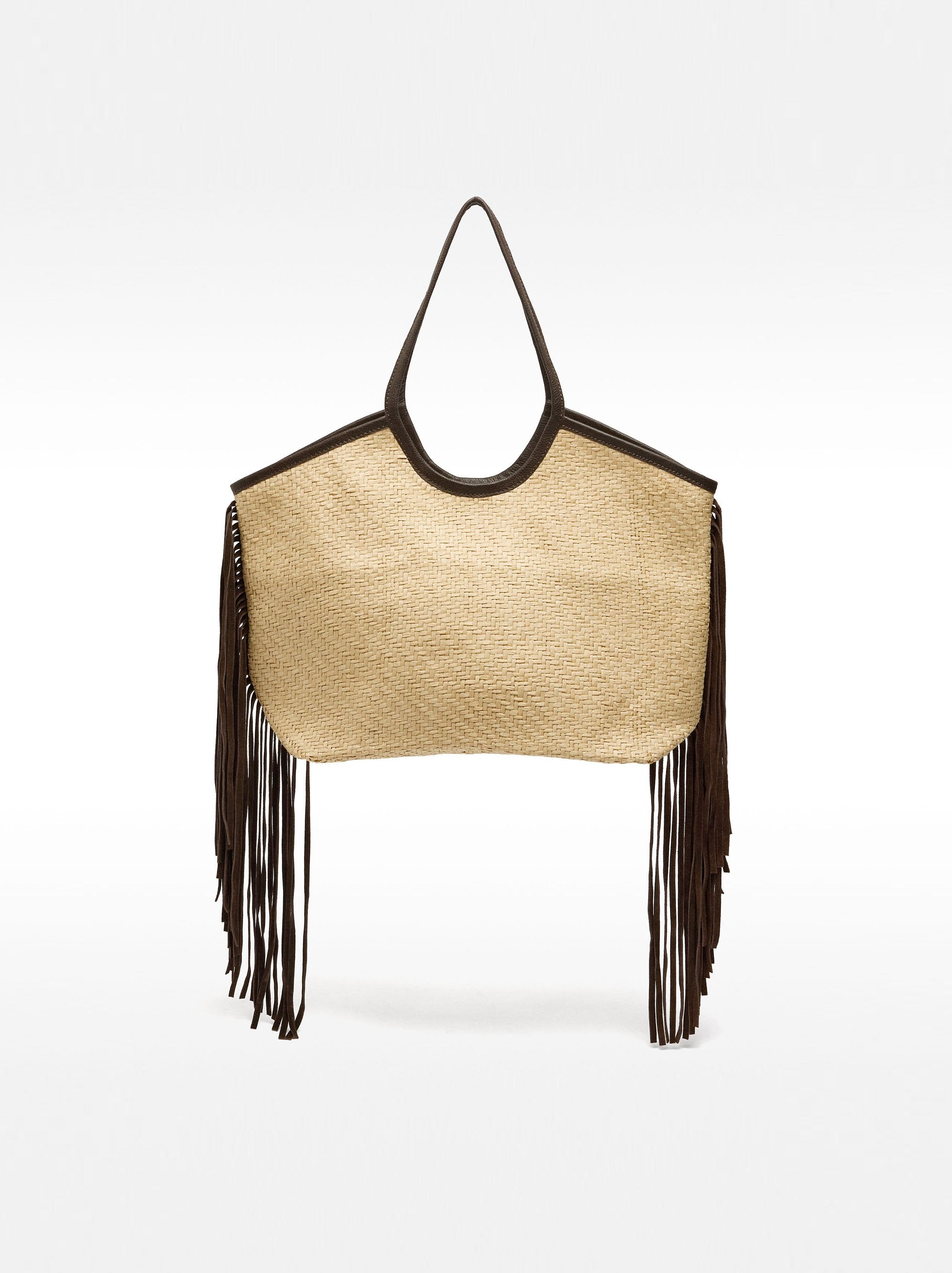 Bolso Shopper De Rafia Con Flecos De Piel