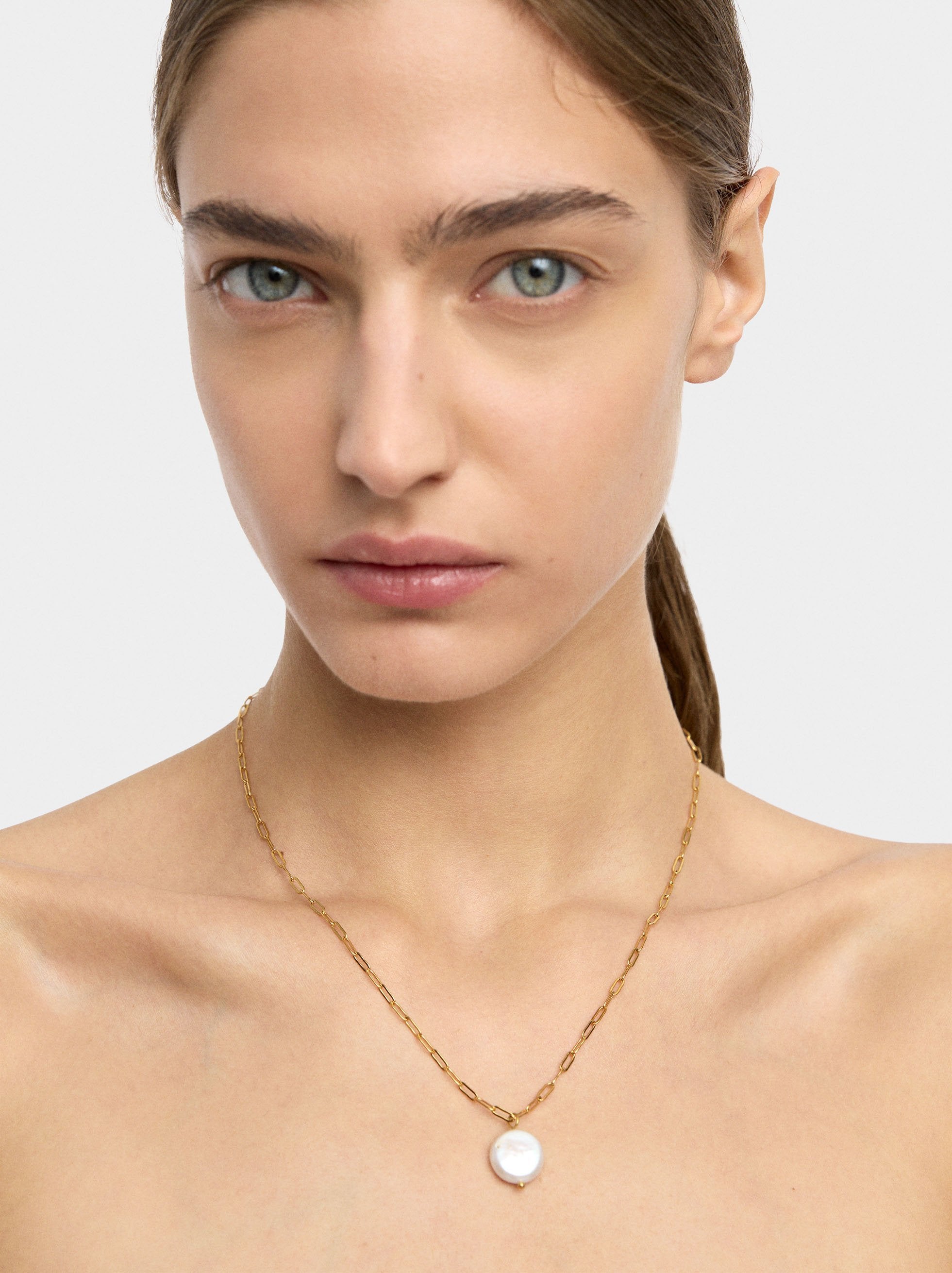 Collar De Eslabones Con Perla - Acero Inoxidable