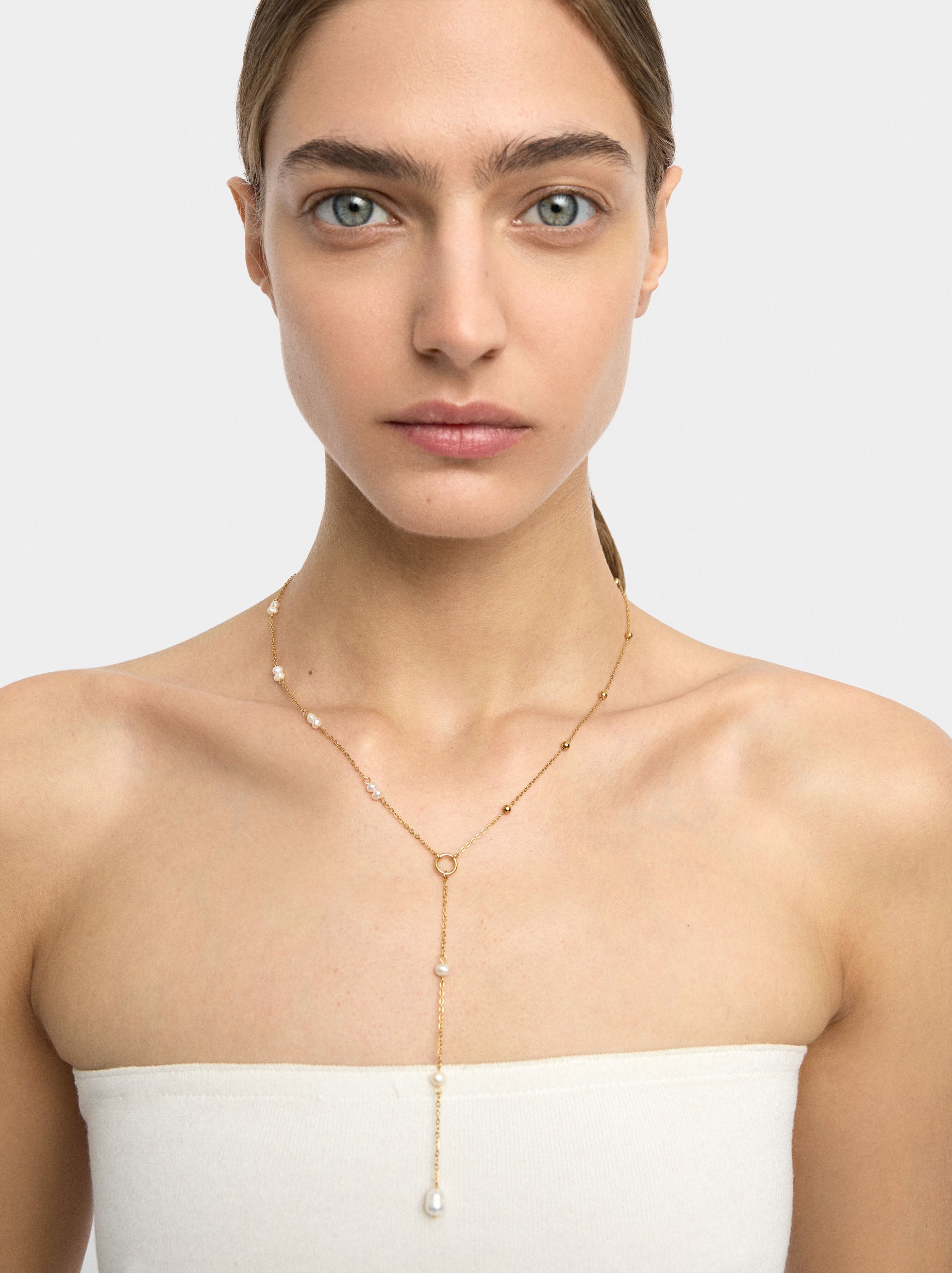 Collar Largo Con Perlas De Agua Dulce - Acero Inoxidable