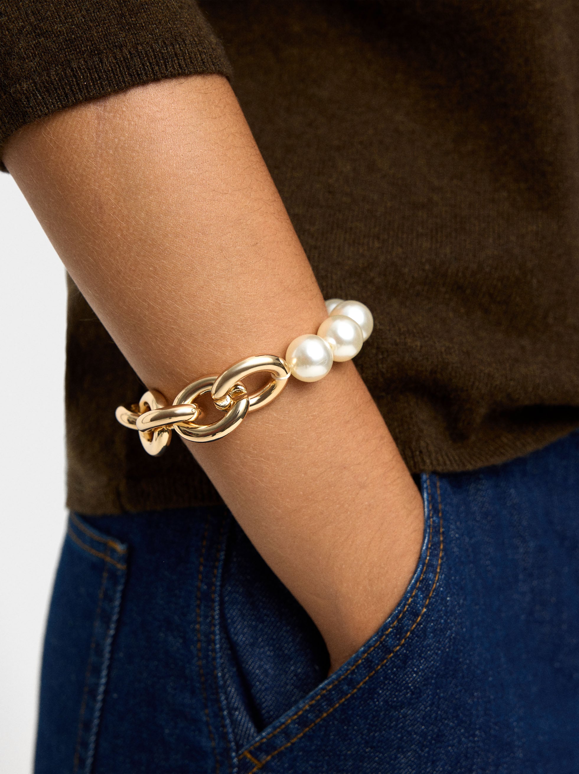 Pulsera Elástica De Eslabones Con Perlas