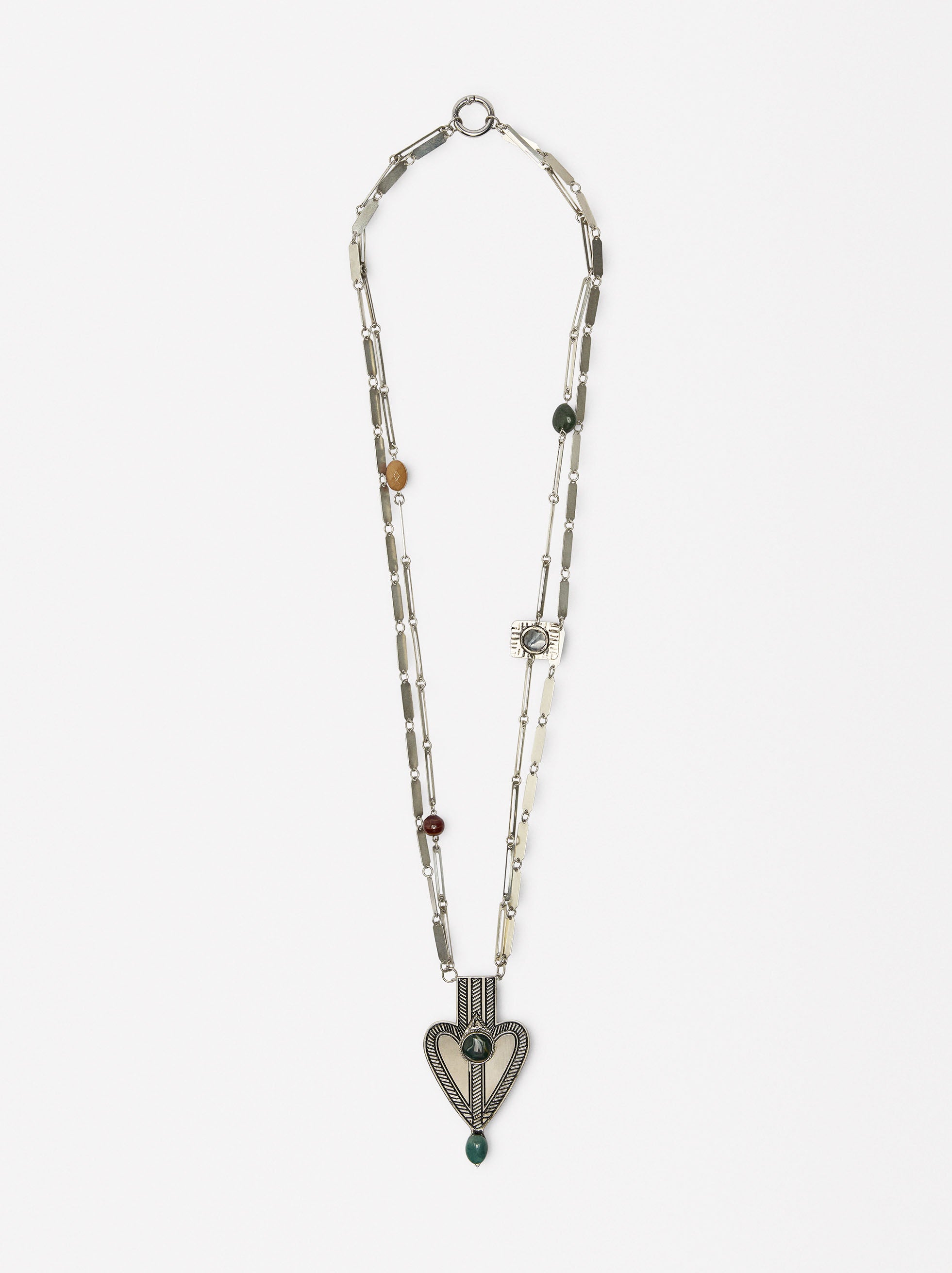 Collar Largo Colgante De Corazón Y Piedras
