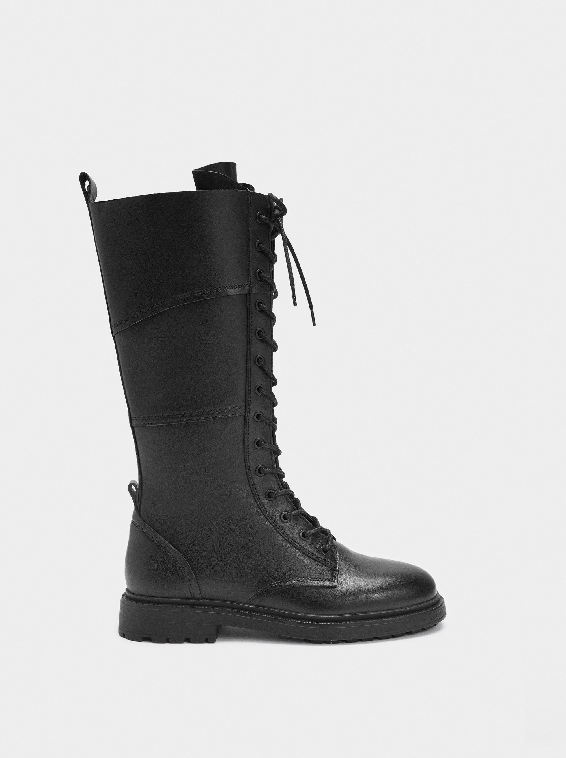 Botas Altas De Piel Con Cordones