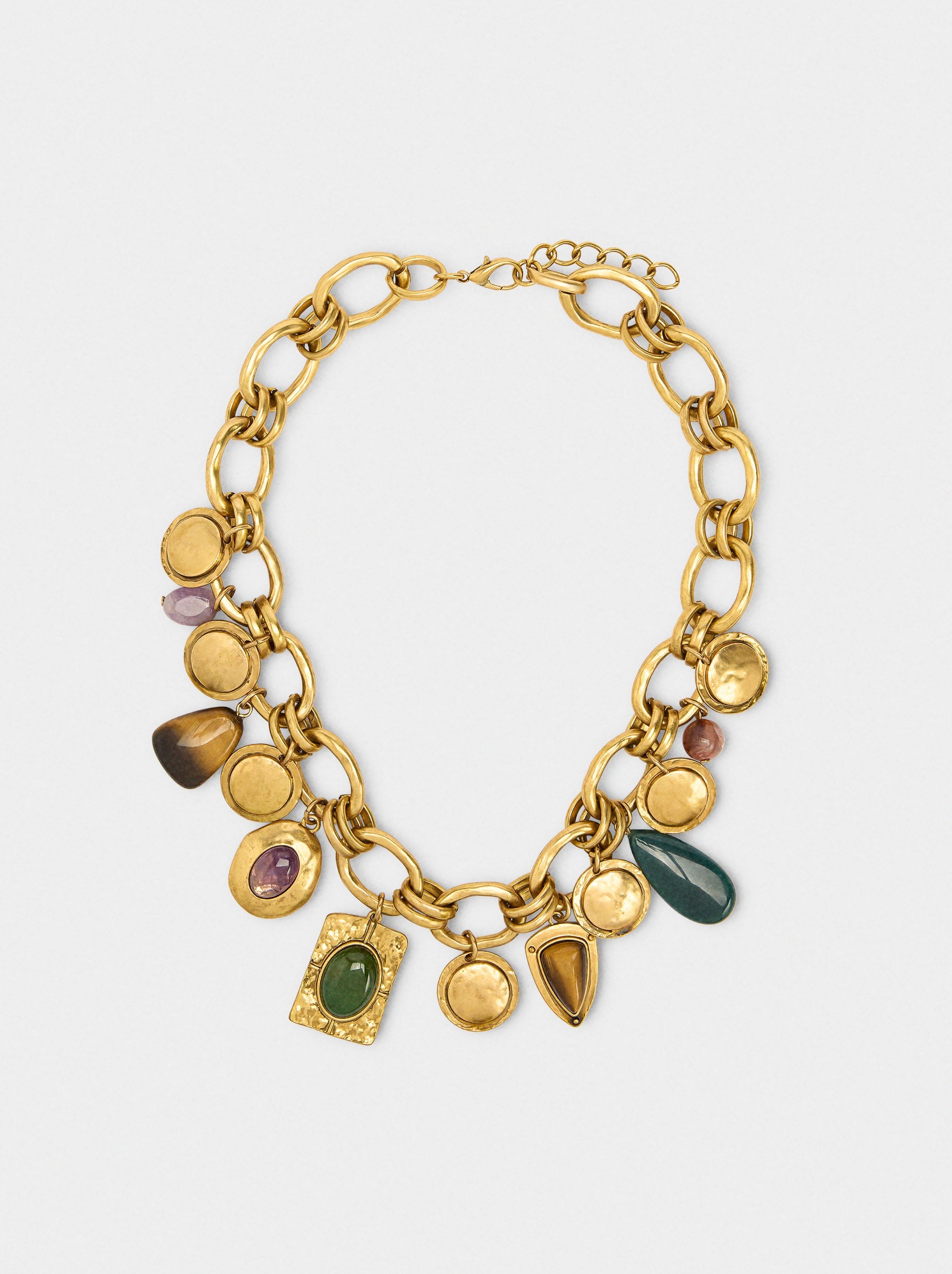 Collar Corto De Eslabones Y Colgantes Con Piedras