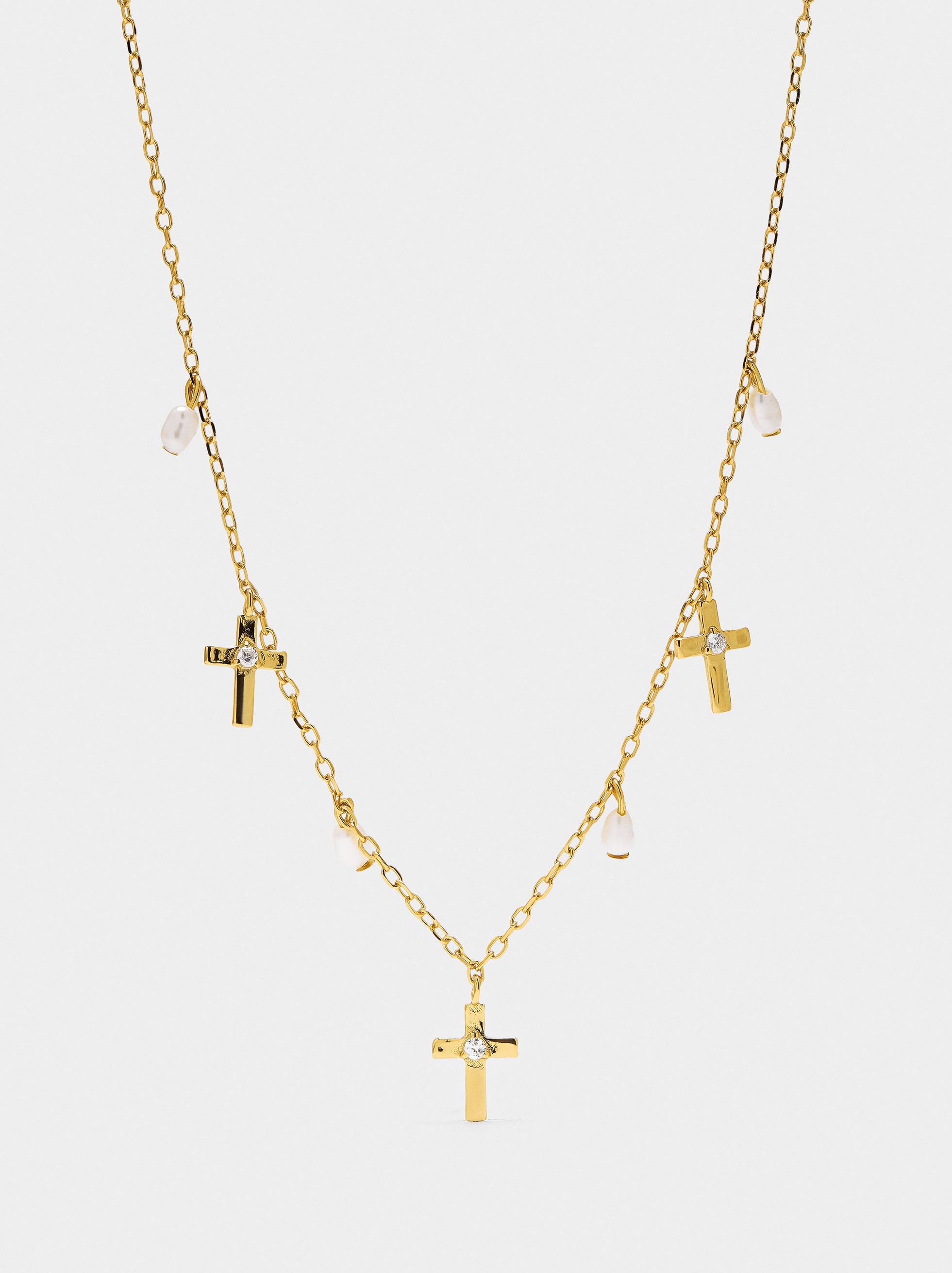 Collar Con Cruces Y Perlas De Agua Dulce - Plata De Ley 925