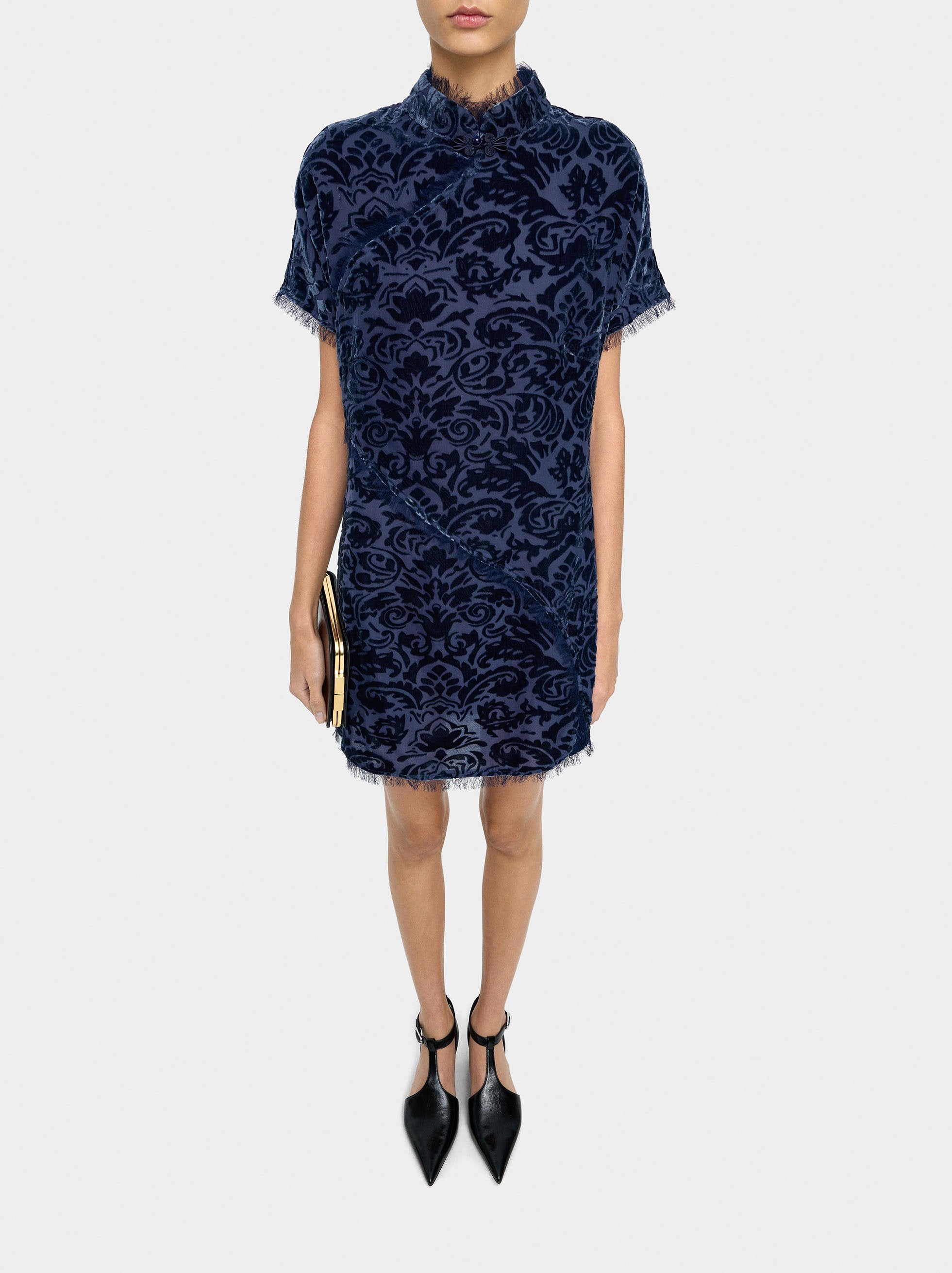 Vestido Corto Jacquard De Hojas