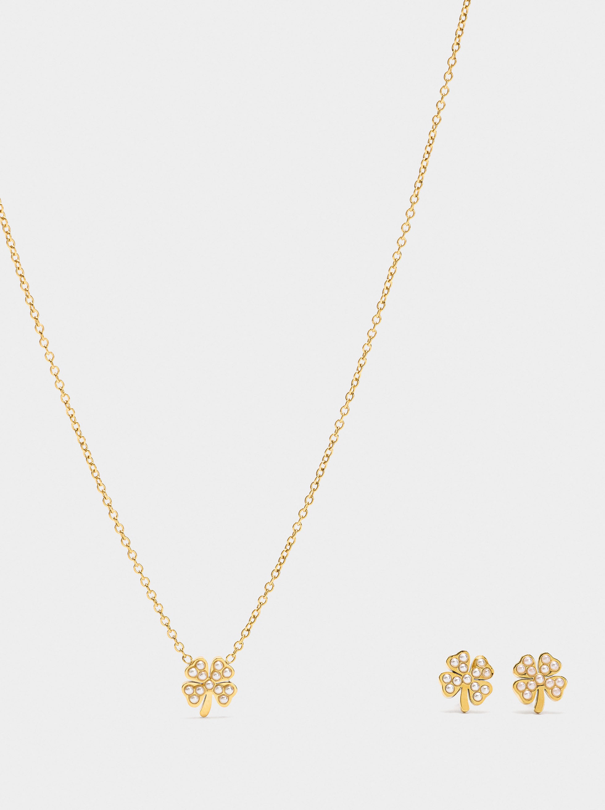 Set Collar Y Pendientes Trébol Con Perlas - Acero Inoxidable