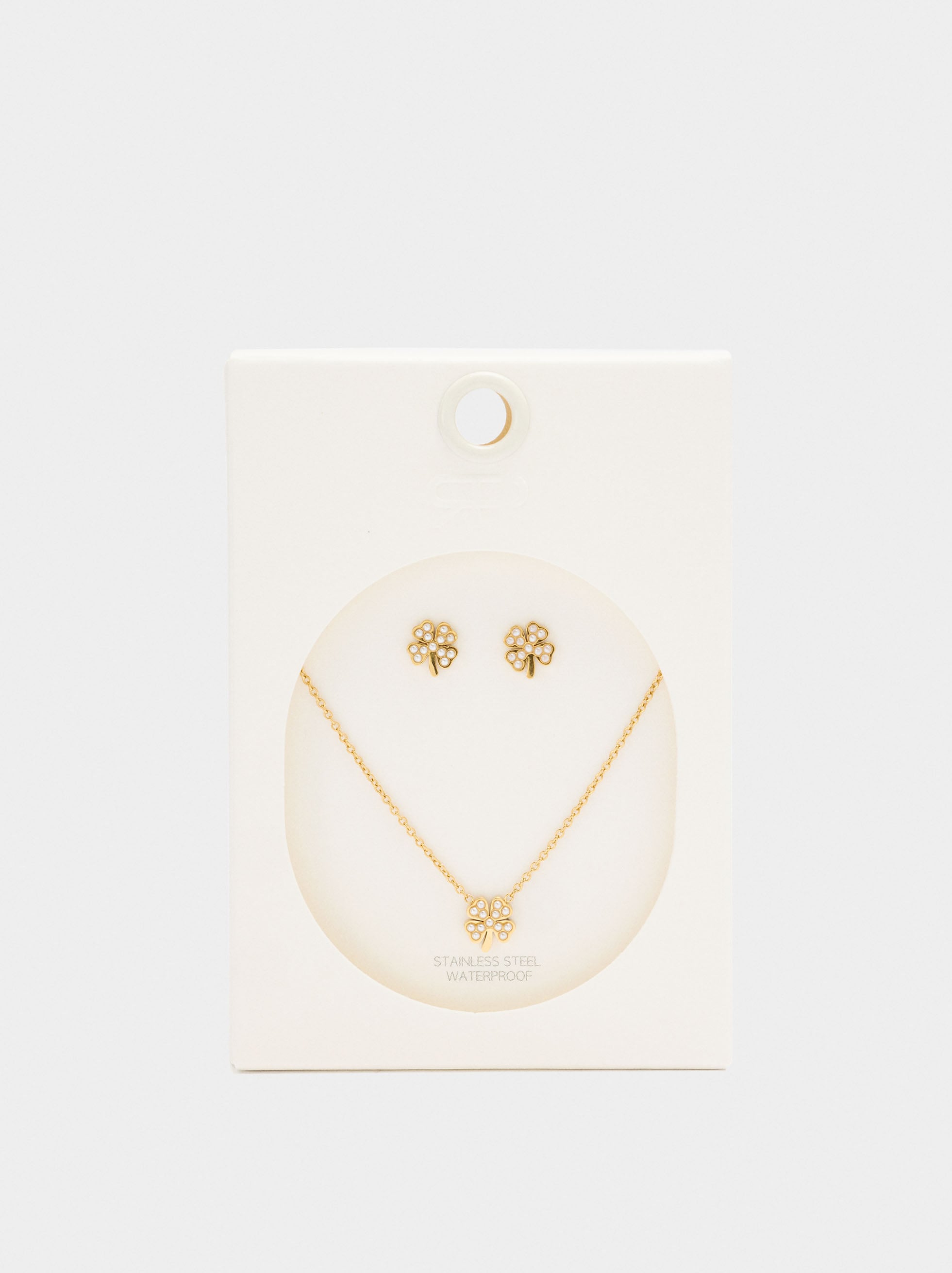 Set Collar Y Pendientes Trébol Con Perlas - Acero Inoxidable