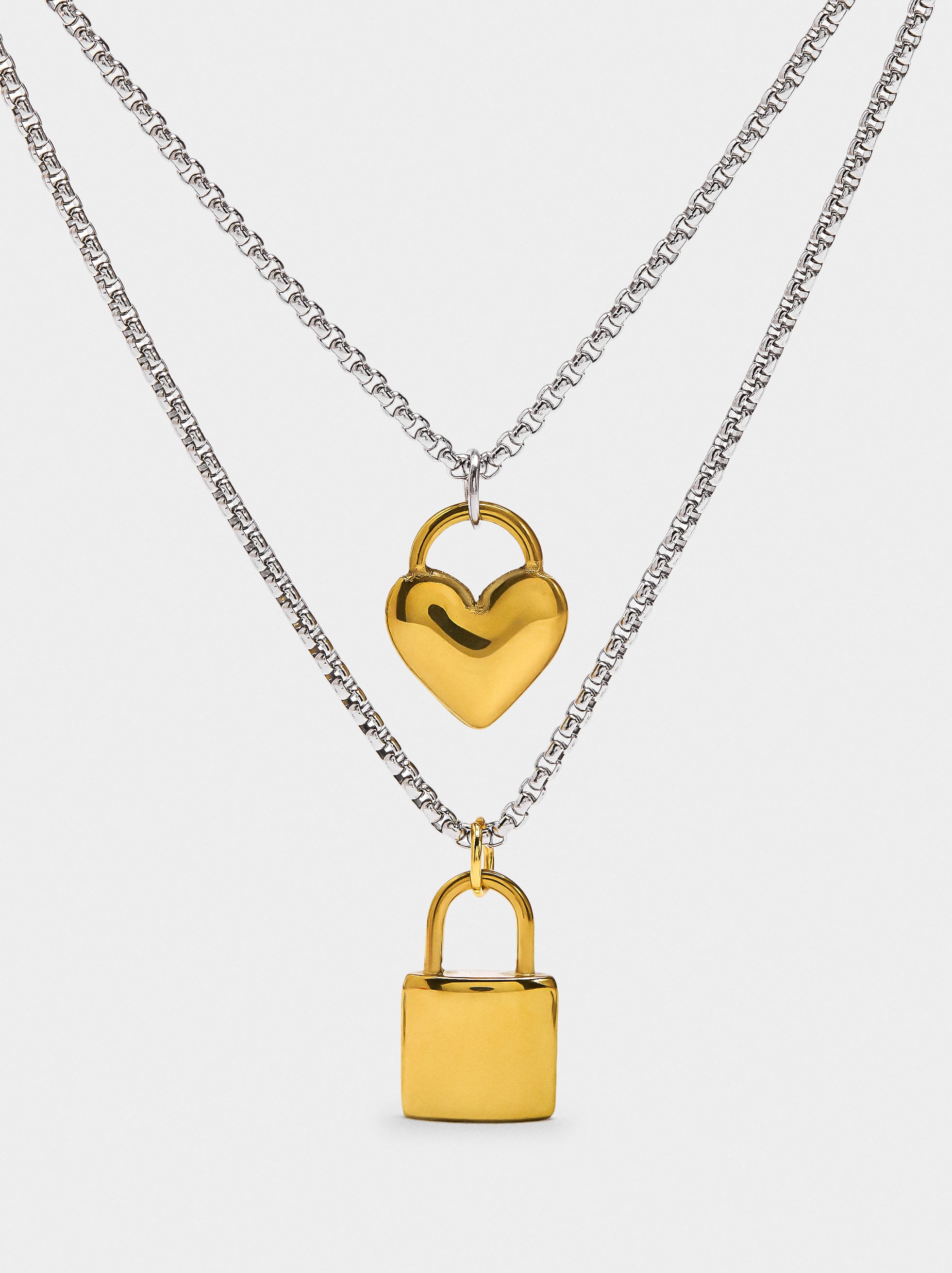 Set Collares Con Corazón Y Candado - Acero Inoxidable