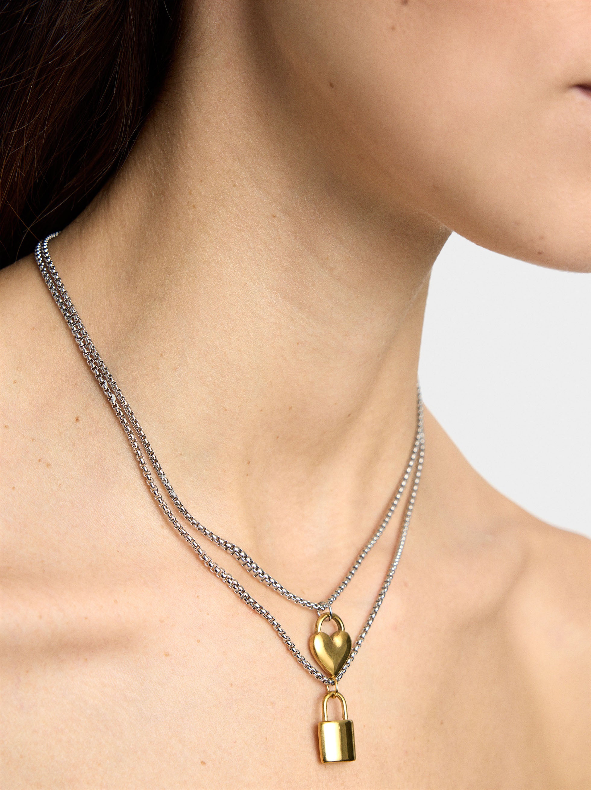 Set Collares Con Corazón Y Candado - Acero Inoxidable