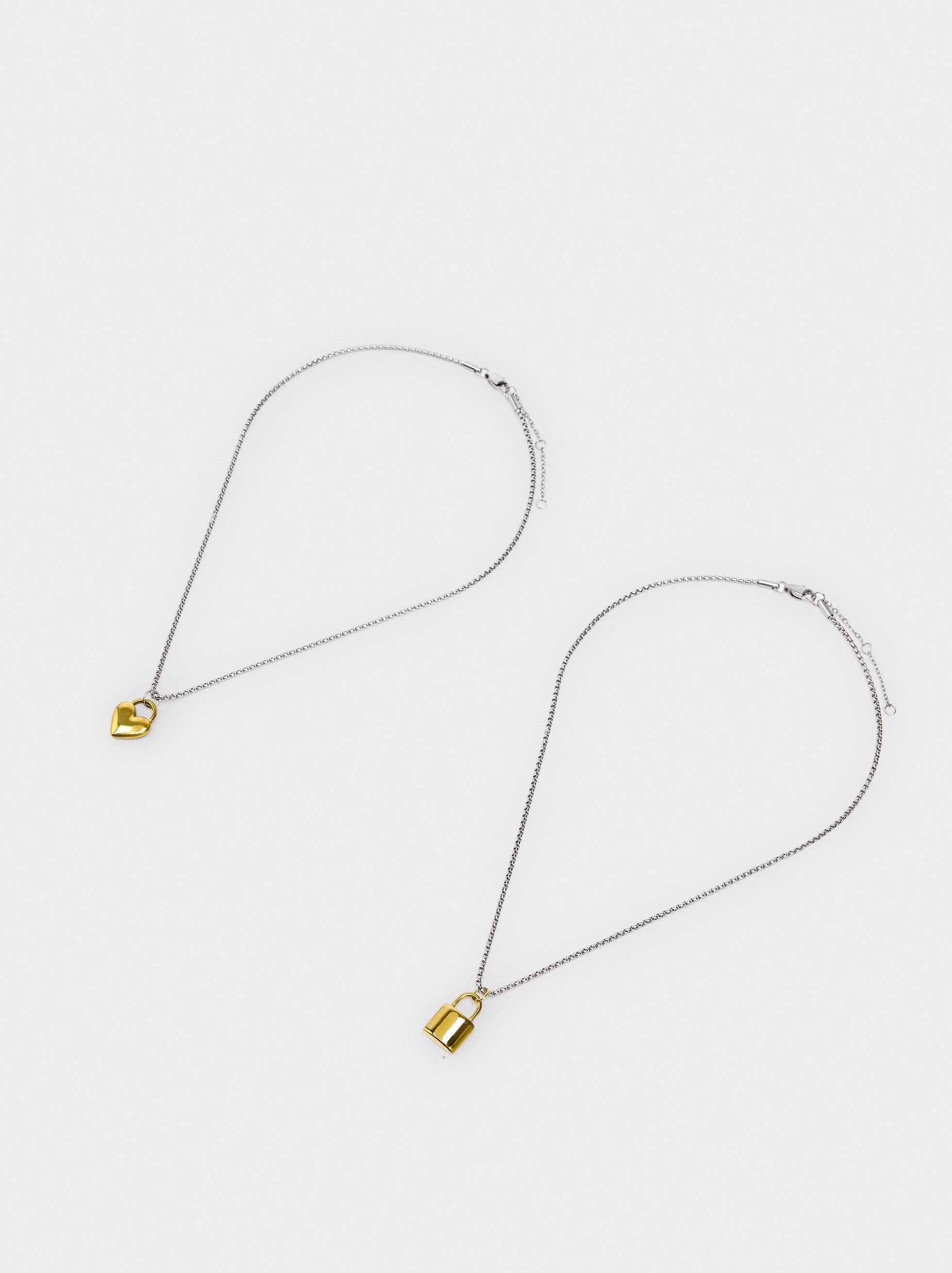 Set Collares Con Corazón Y Candado - Acero Inoxidable