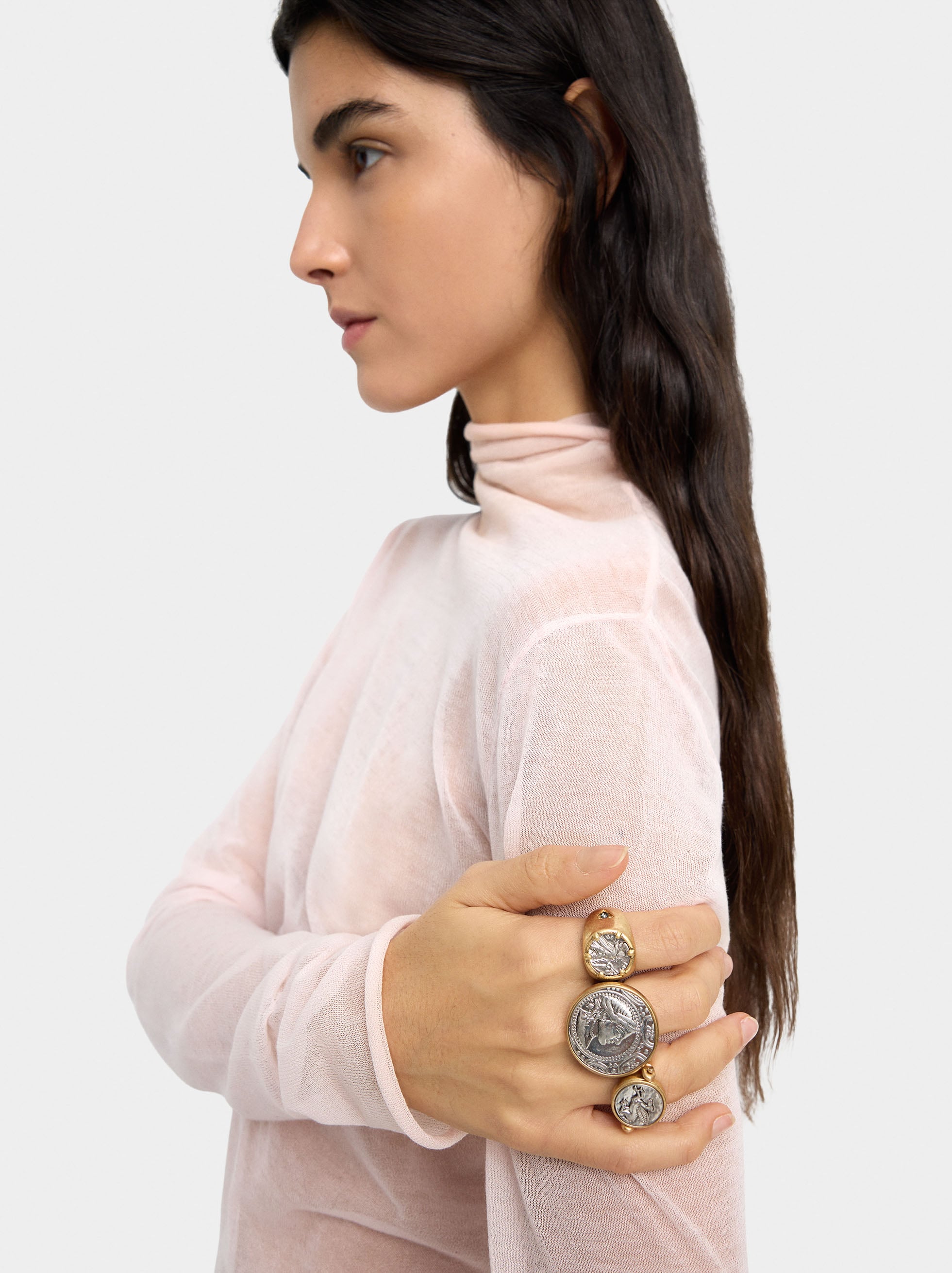 Anillo Bicolor Con Moneda Y Cristal