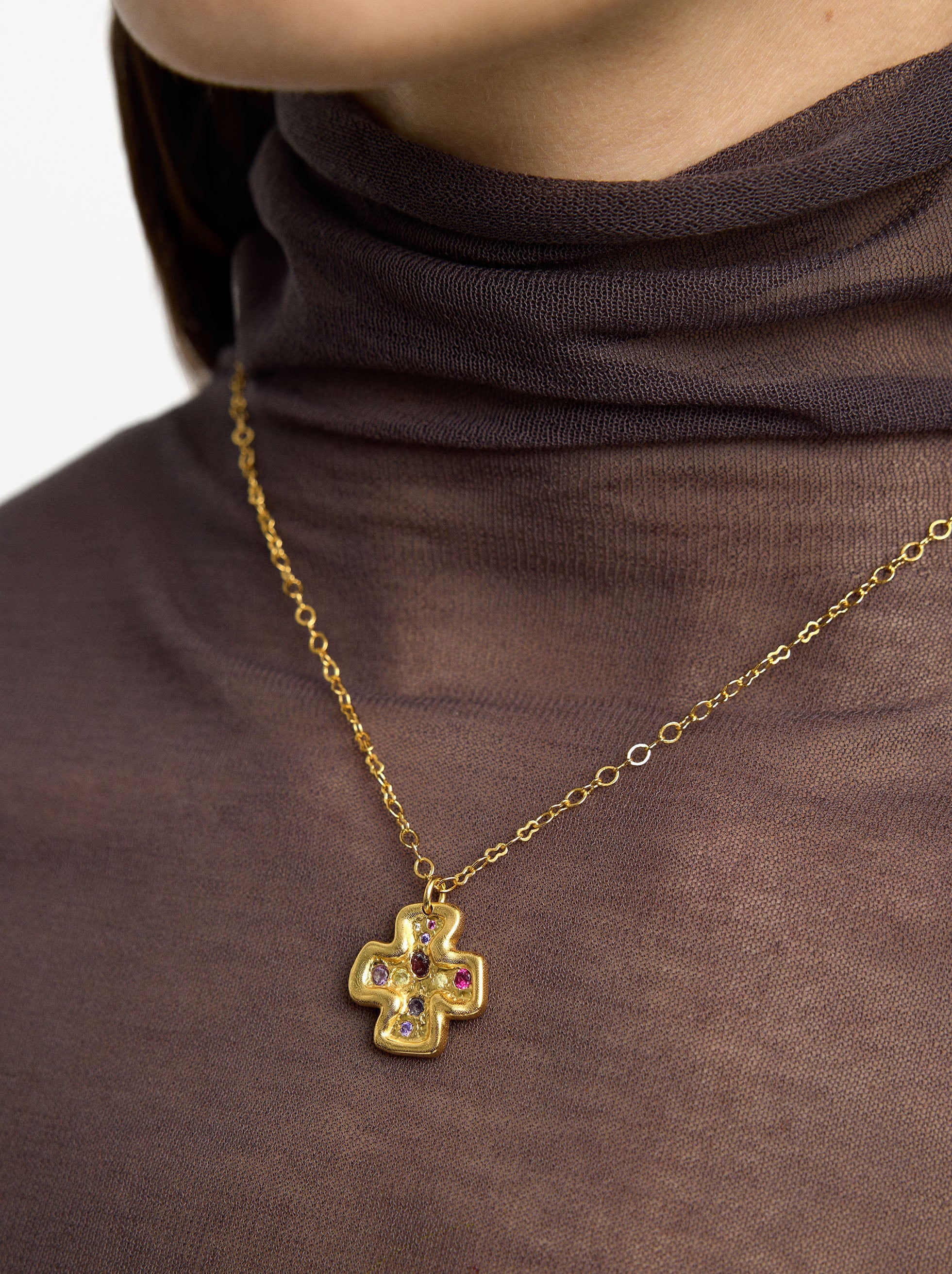Collar Colgante De Cruz Con Piedras - Baño De Oro 18k