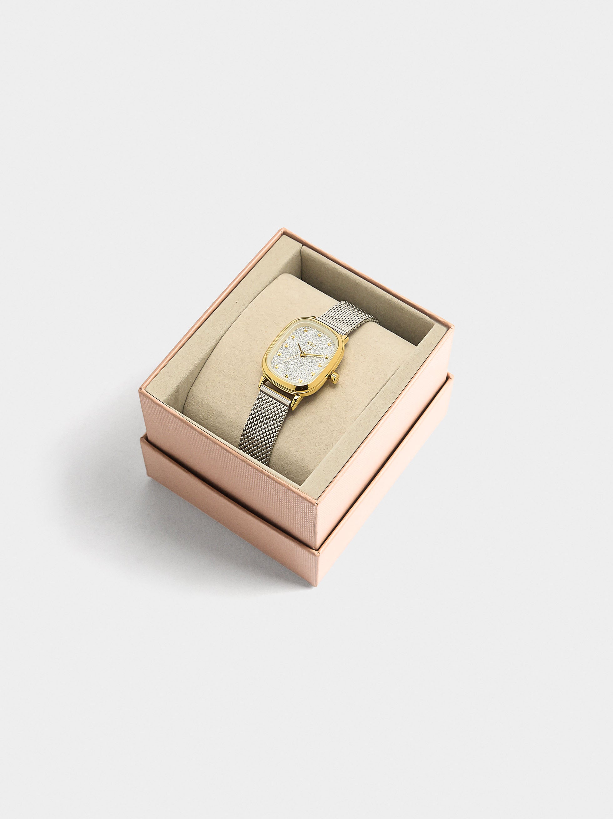 Reloj Rectangular Con Pulsera De Malla Metálica