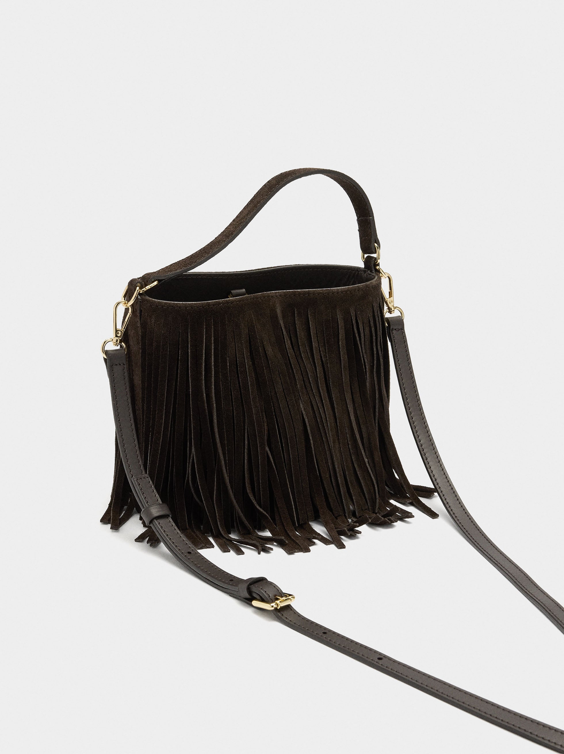 Bolso De Hombro De Piel Con Flecos