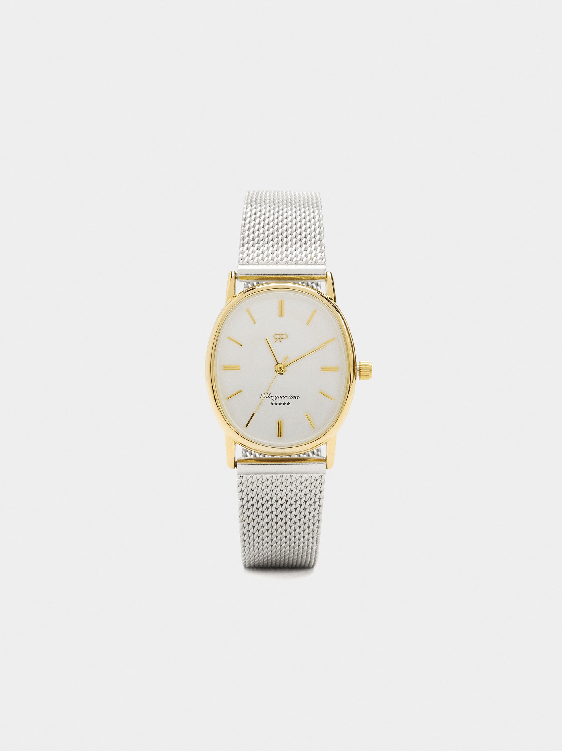 Reloj Oval Bicolor Con Punto Metálico De Acero Inoxidable