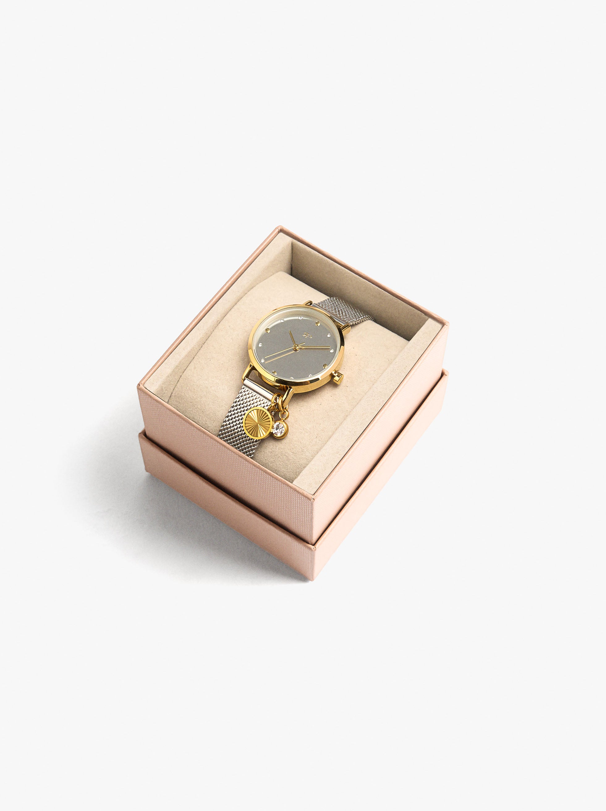 Reloj Bicolor De Punto Metálico Con Charm