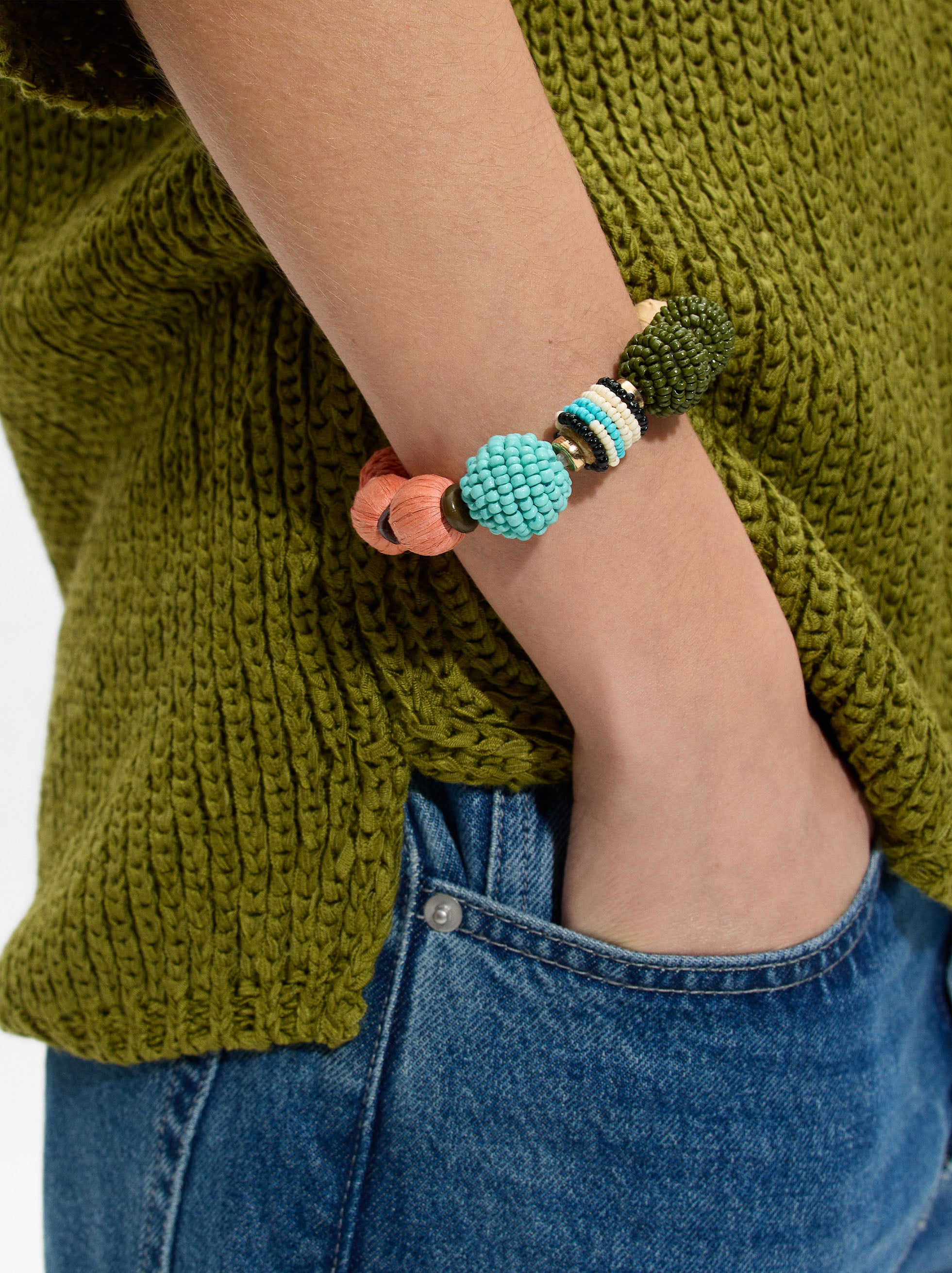Pulsera Elástica Con Cuentas De Madera Y Abalorios