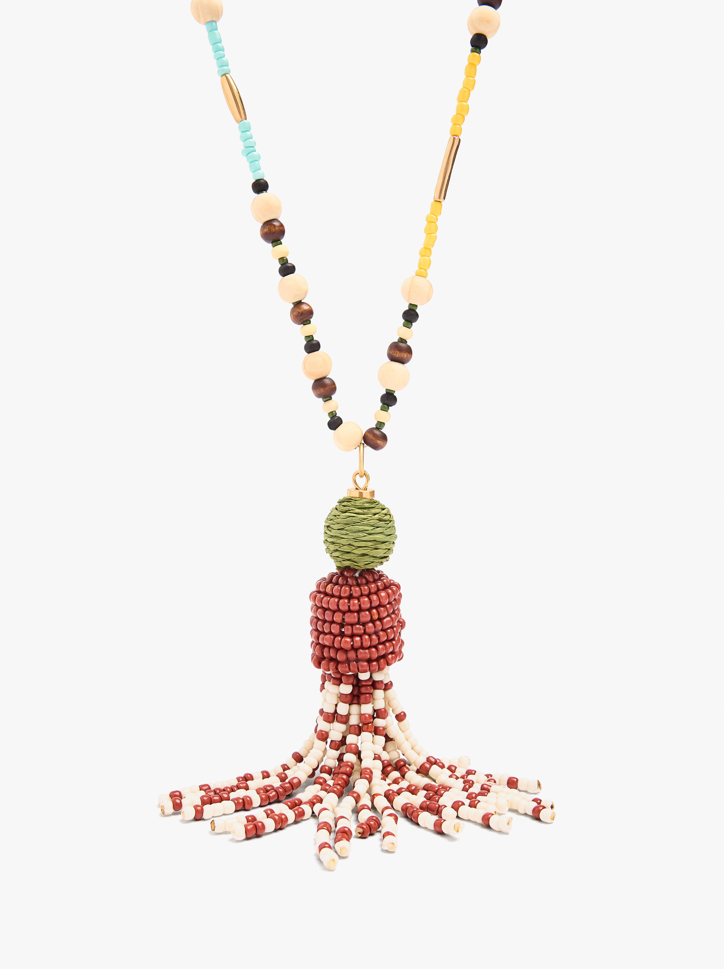 Collar Con Cuentas De Madera Y Colgante Con Abalorios