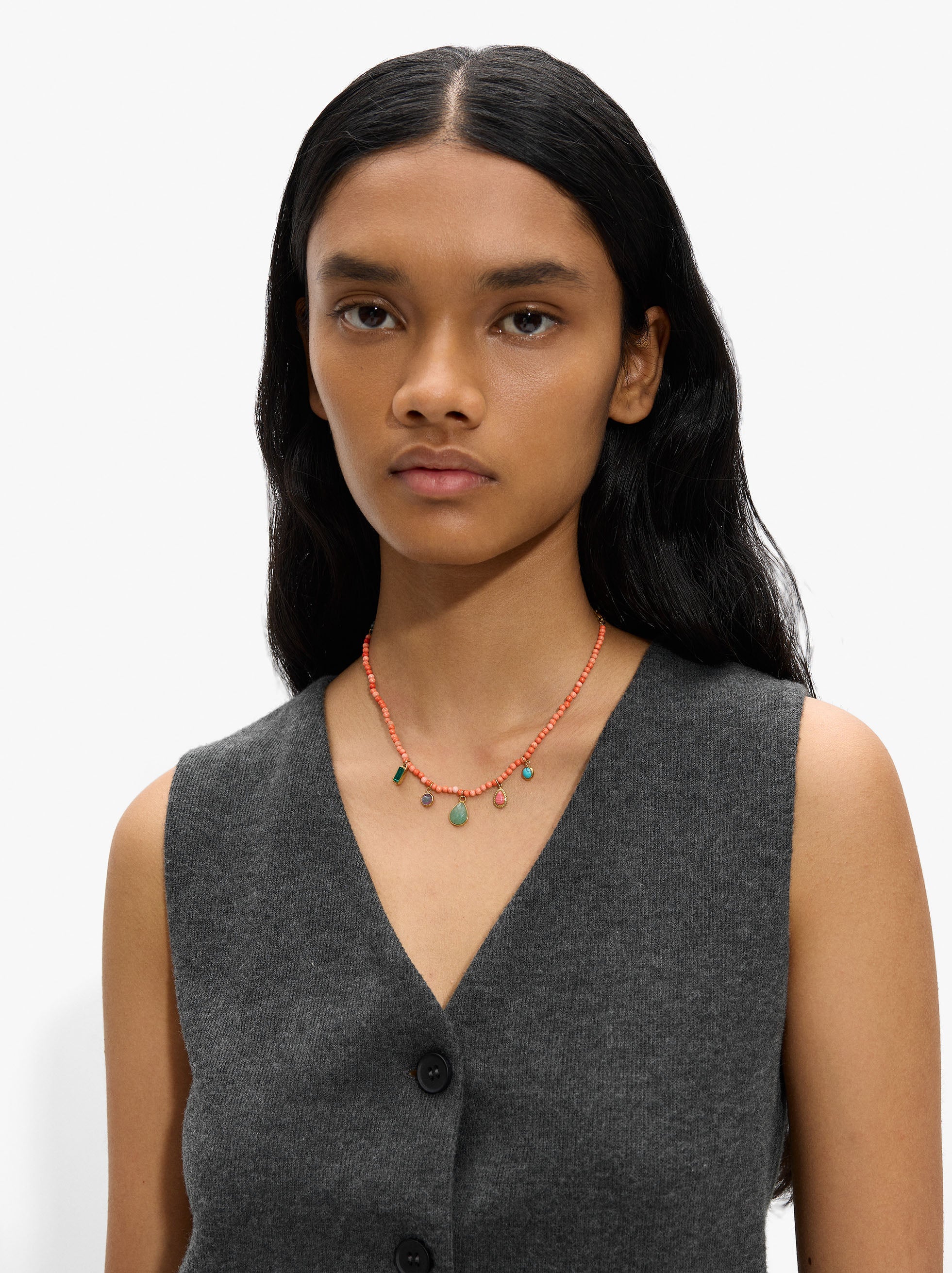 Collar De Cordón Con Cuentas De Piedras - Acero Inoxidable